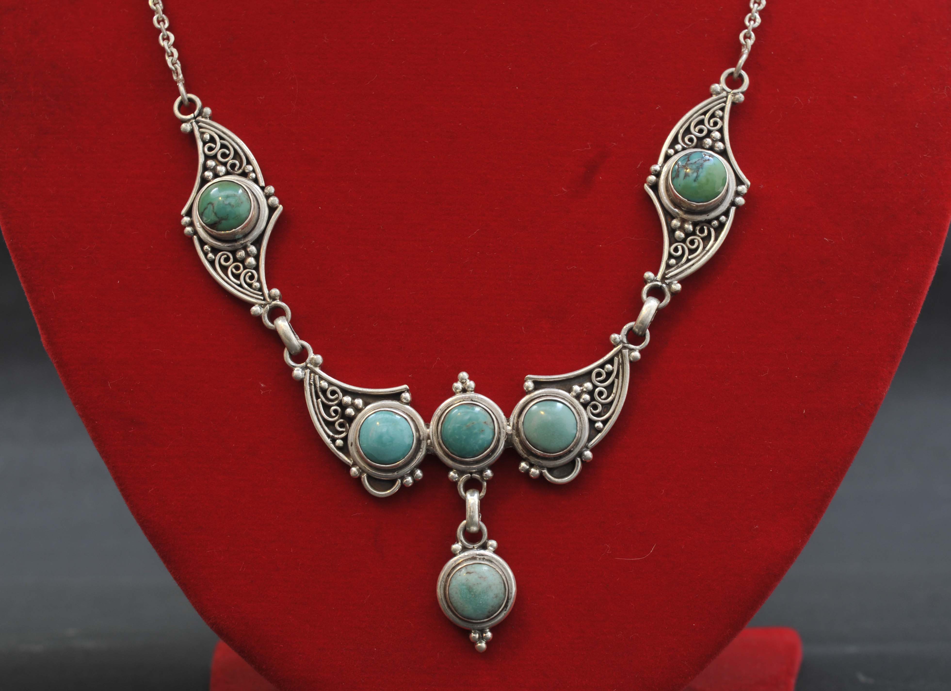 Designer Silver Necklace Of Blue Stone Three In A Row Design (turquoise).