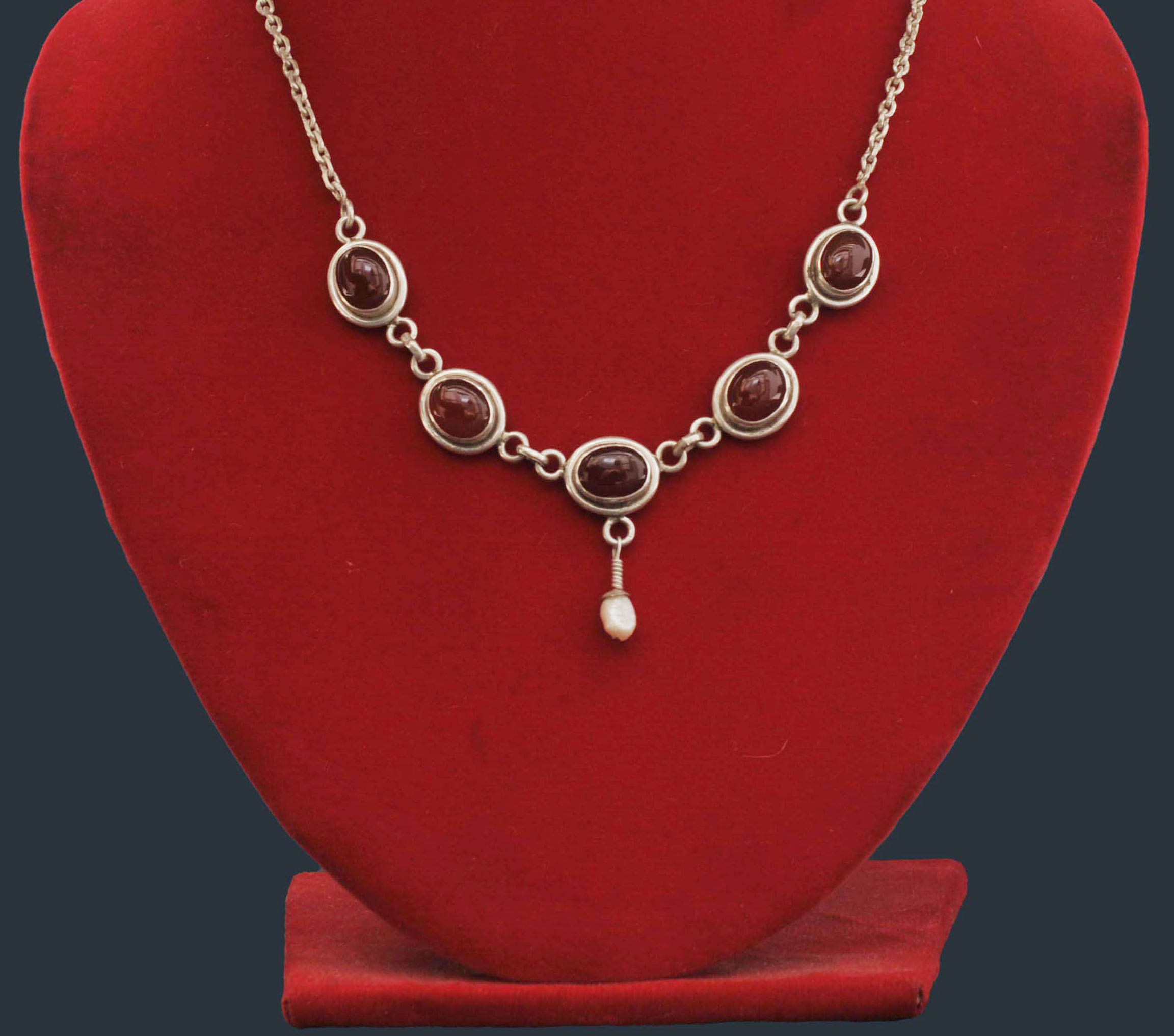 Designer Silver Necklace Of Five Red Onyx Design.