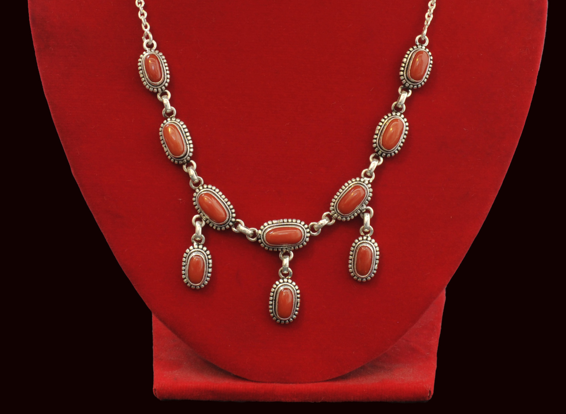 Designer Silver Necklace Of Seven Red Stone In A Row And Three Below Design (red Coral).