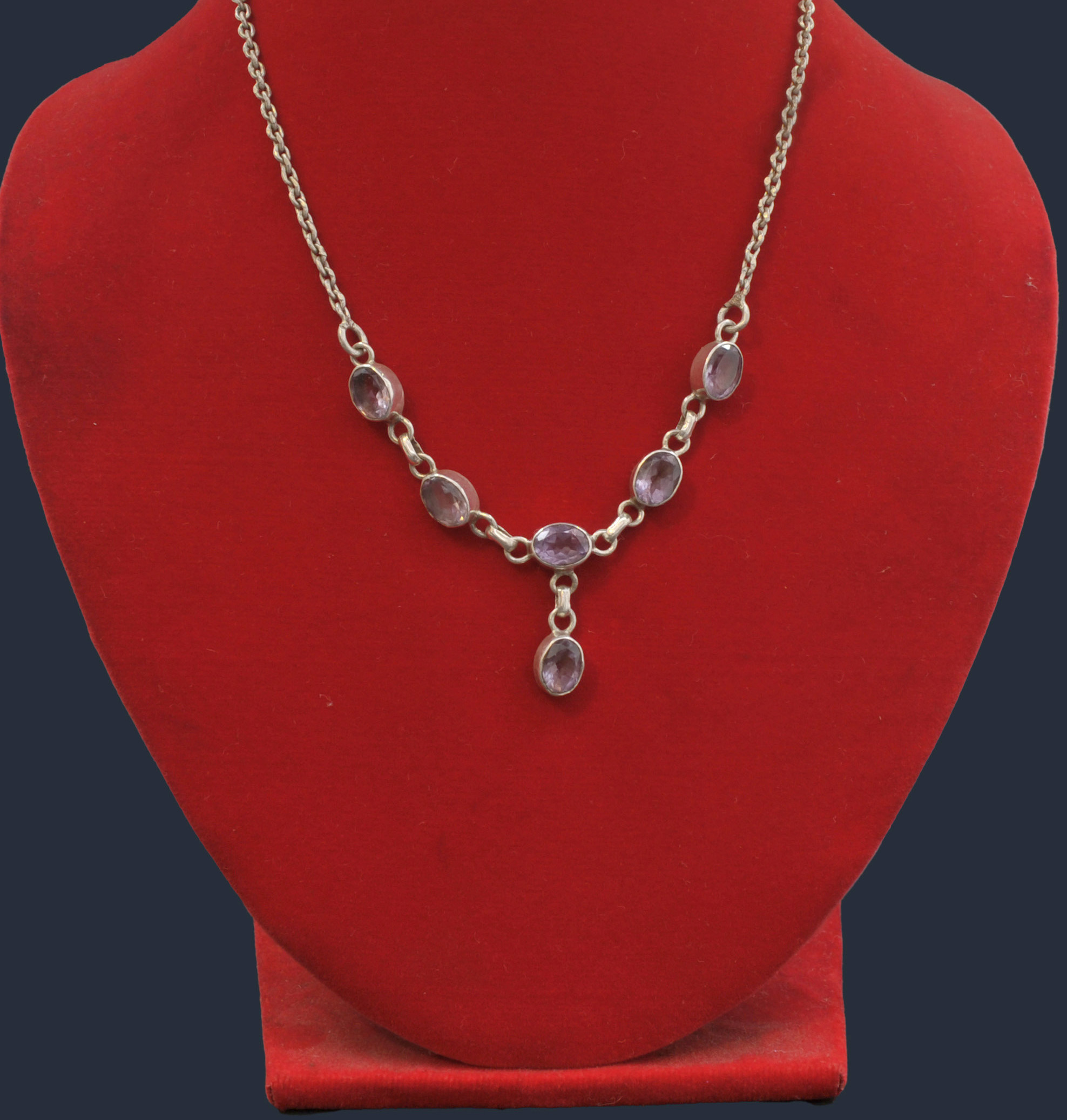 Designer Silver Necklace Of Purple Five Stone Design (amethyst).