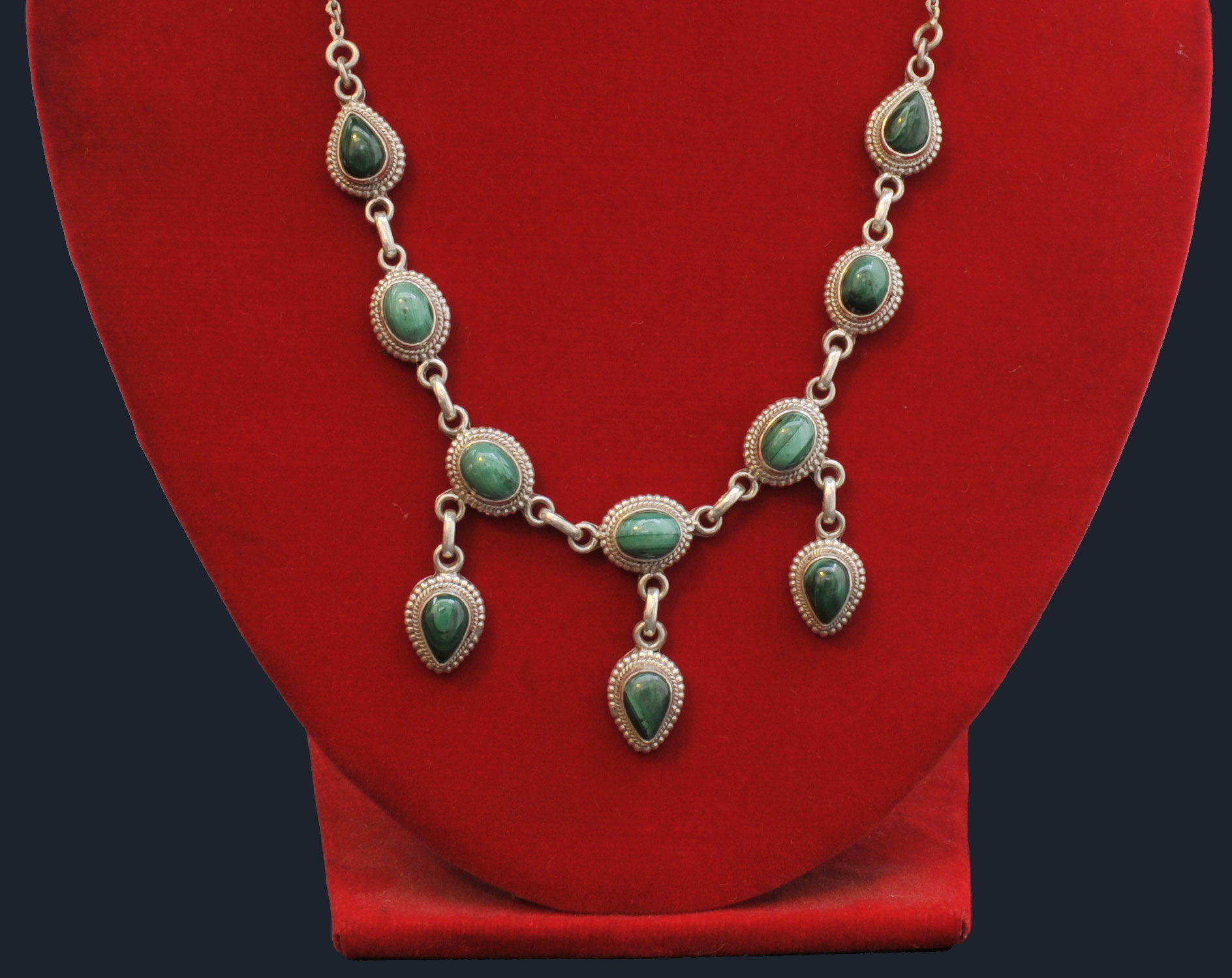 Designer Silver Necklace Of Green Seven Stone Three Layer Design (malachite).