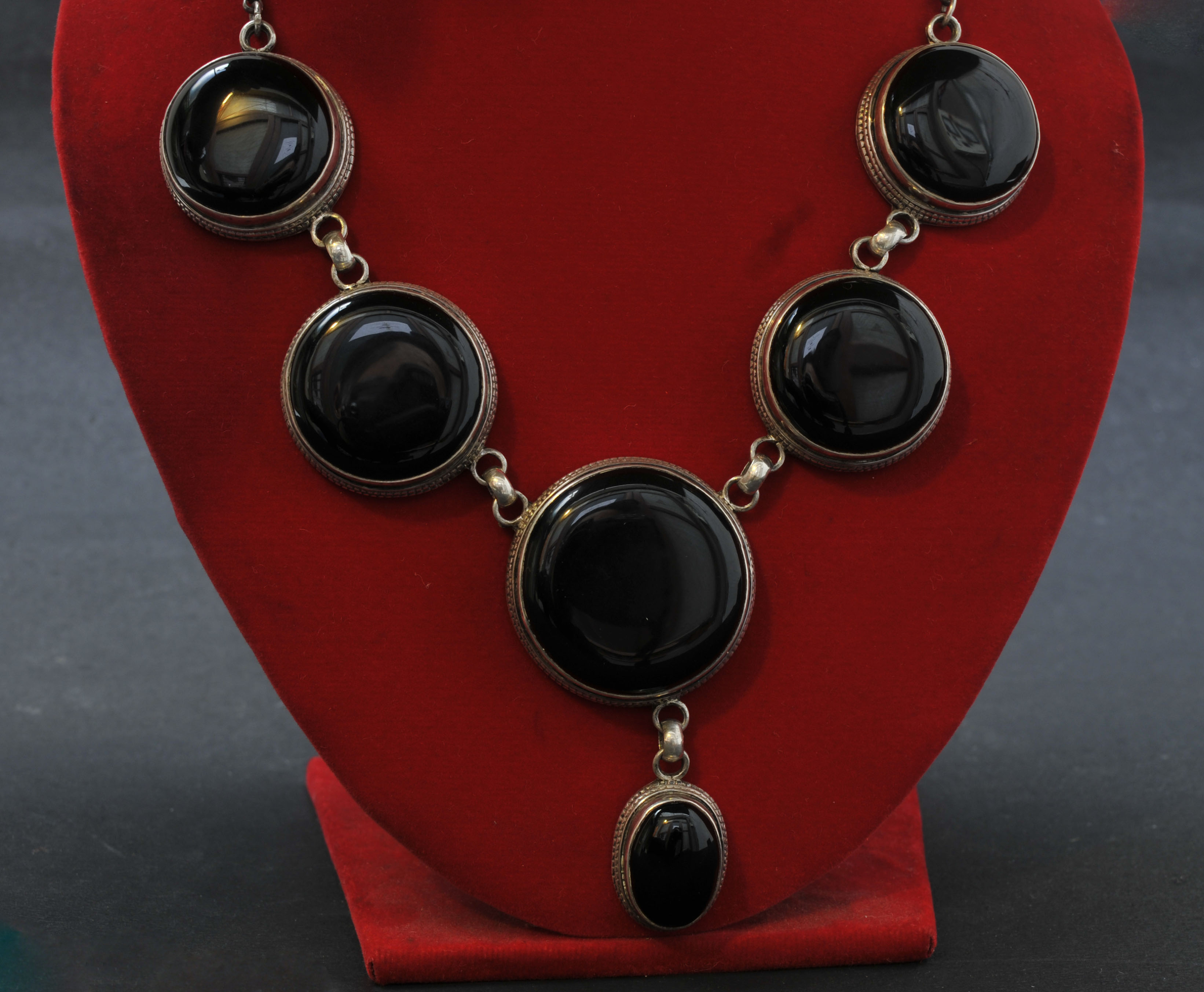 Designer Silver Necklace Of Big Six Blackstone Design (black Onyx)