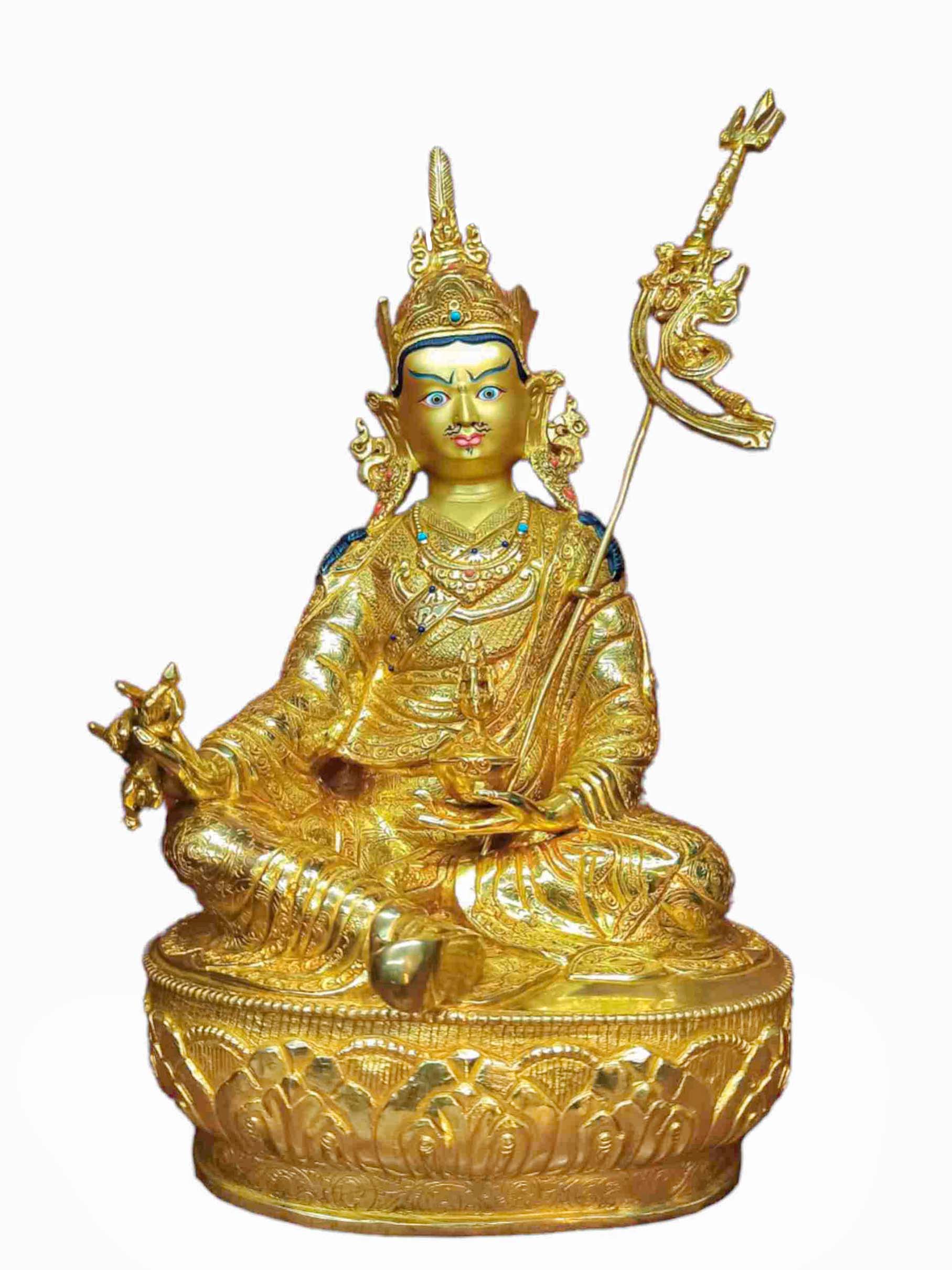 Buddhist Handmade Statue Of Padmasambhava, full Gold Plated, Stone Setting, Face Painted