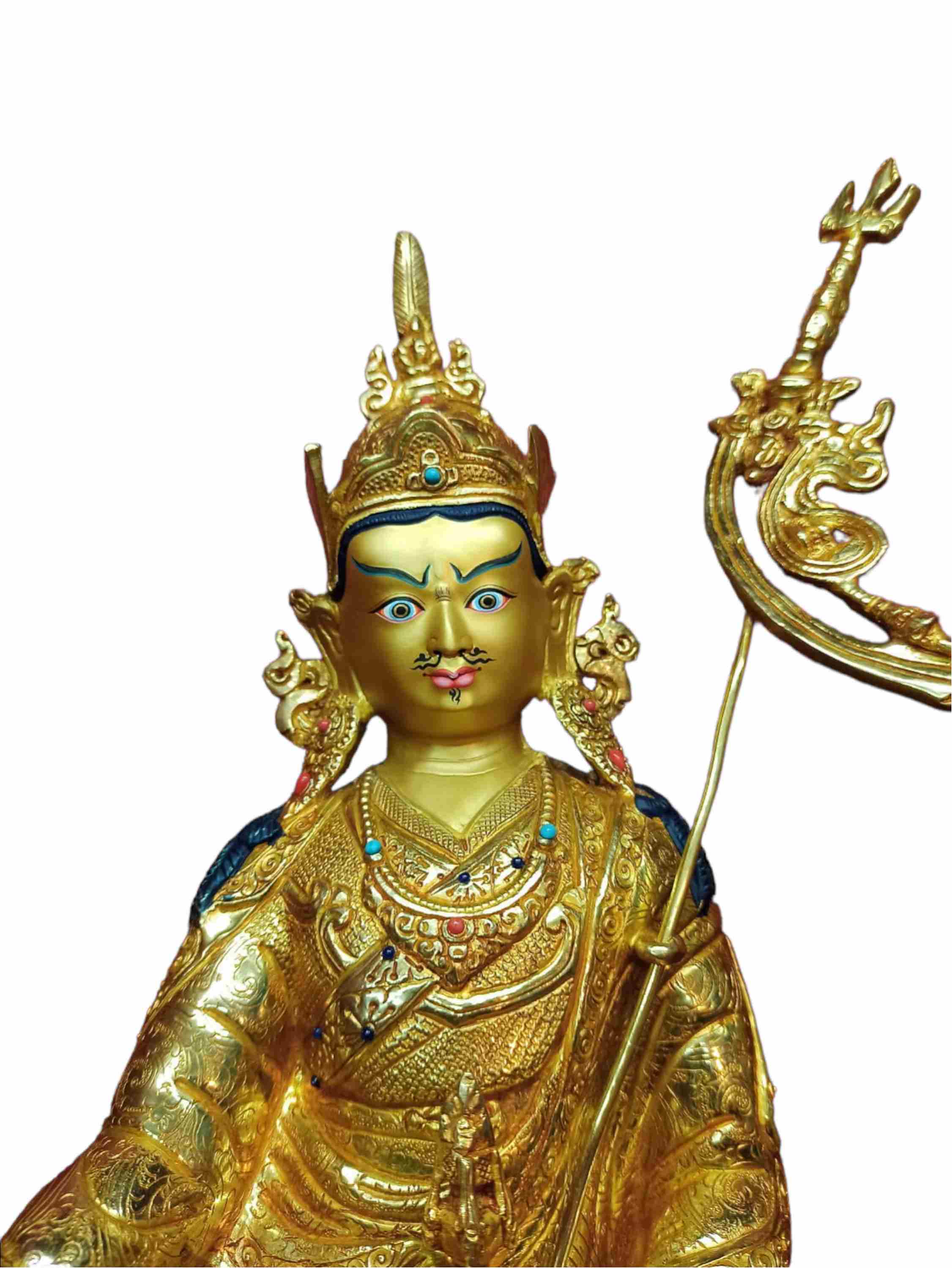 Buddhist Handmade Statue Of Padmasambhava, full Gold Plated, Stone Setting, Face Painted