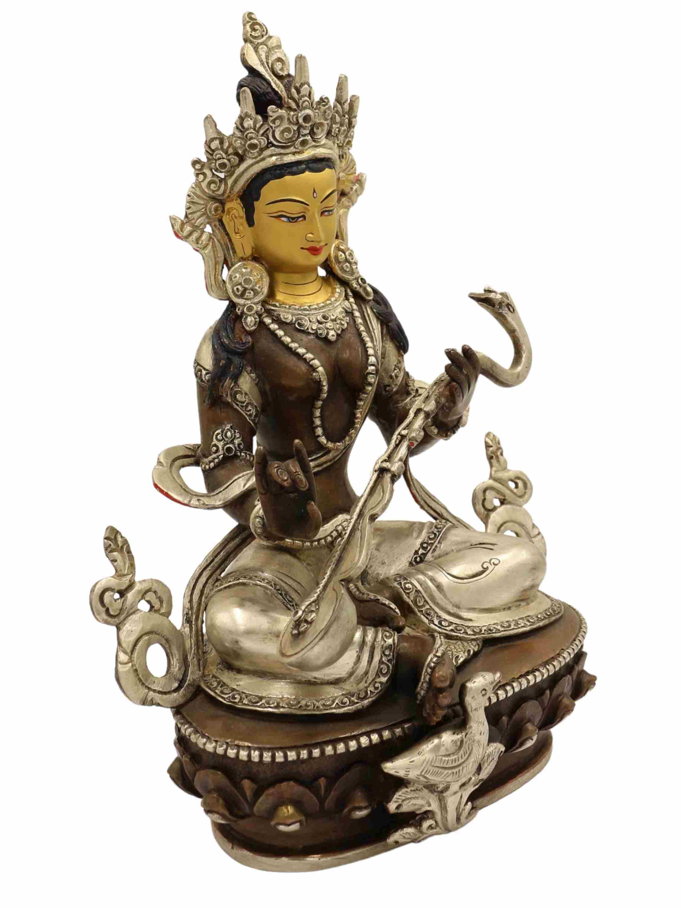 Hindu Handmade Statue Of saraswati, chocolate Oxidation With Silver Plating, With Painted Face