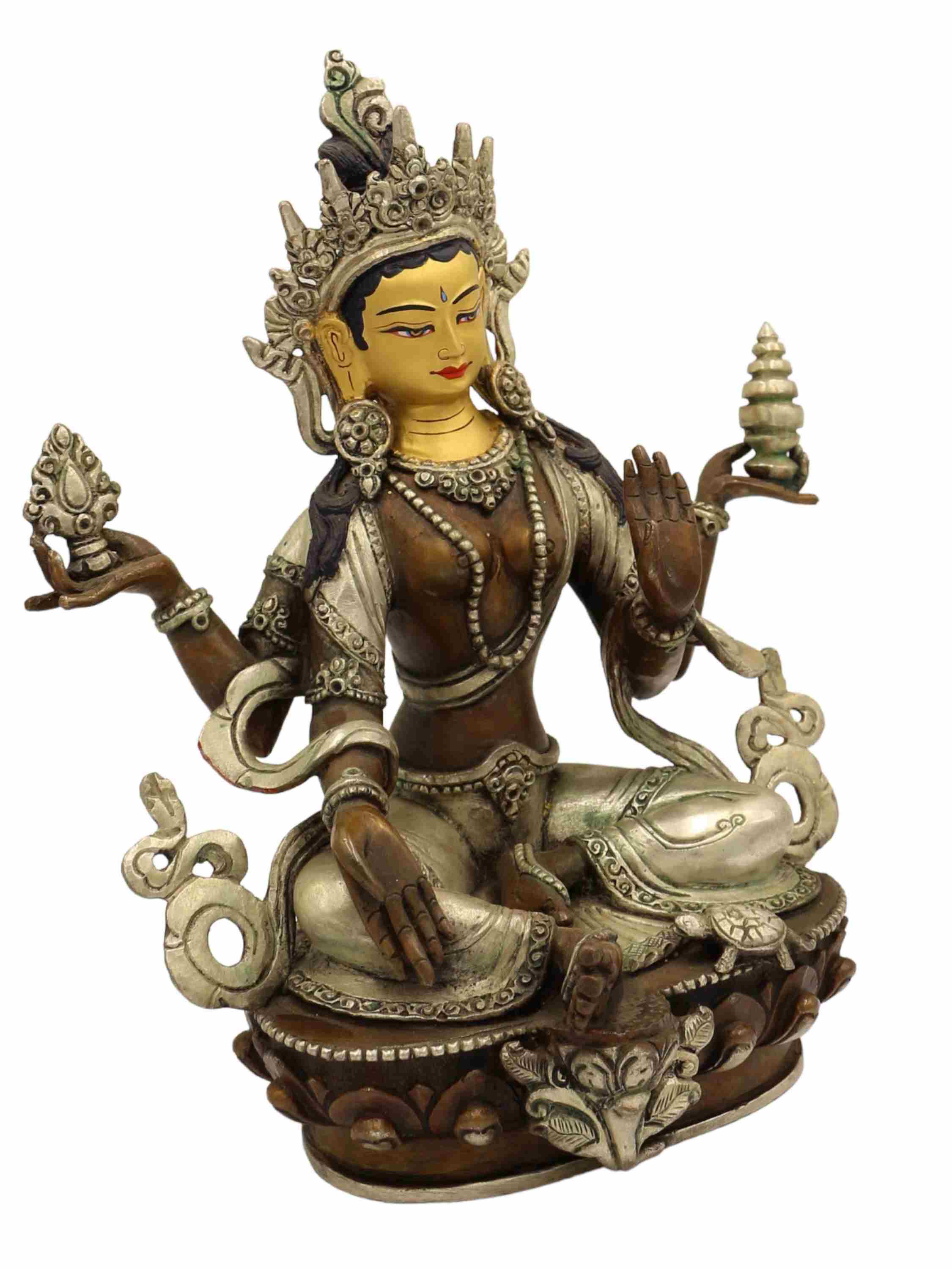 Buddhist Handmade Statue Of lakshmi, chocolate Oxidation With Silver Plating, With Painted Face