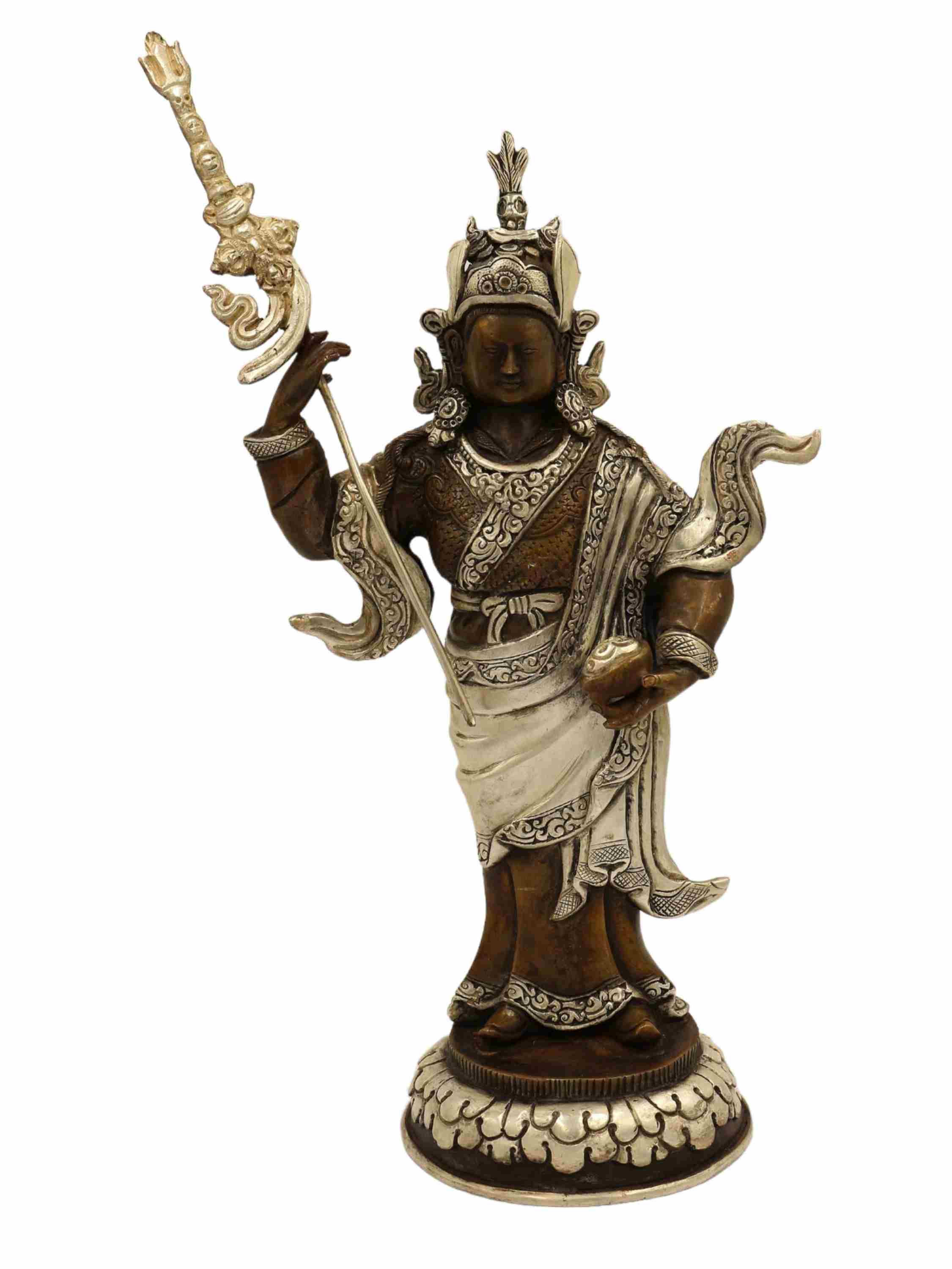 Buddhist Handmade Statue Of Standing padmasambhava, chocolate Oxidation With Silver Plating