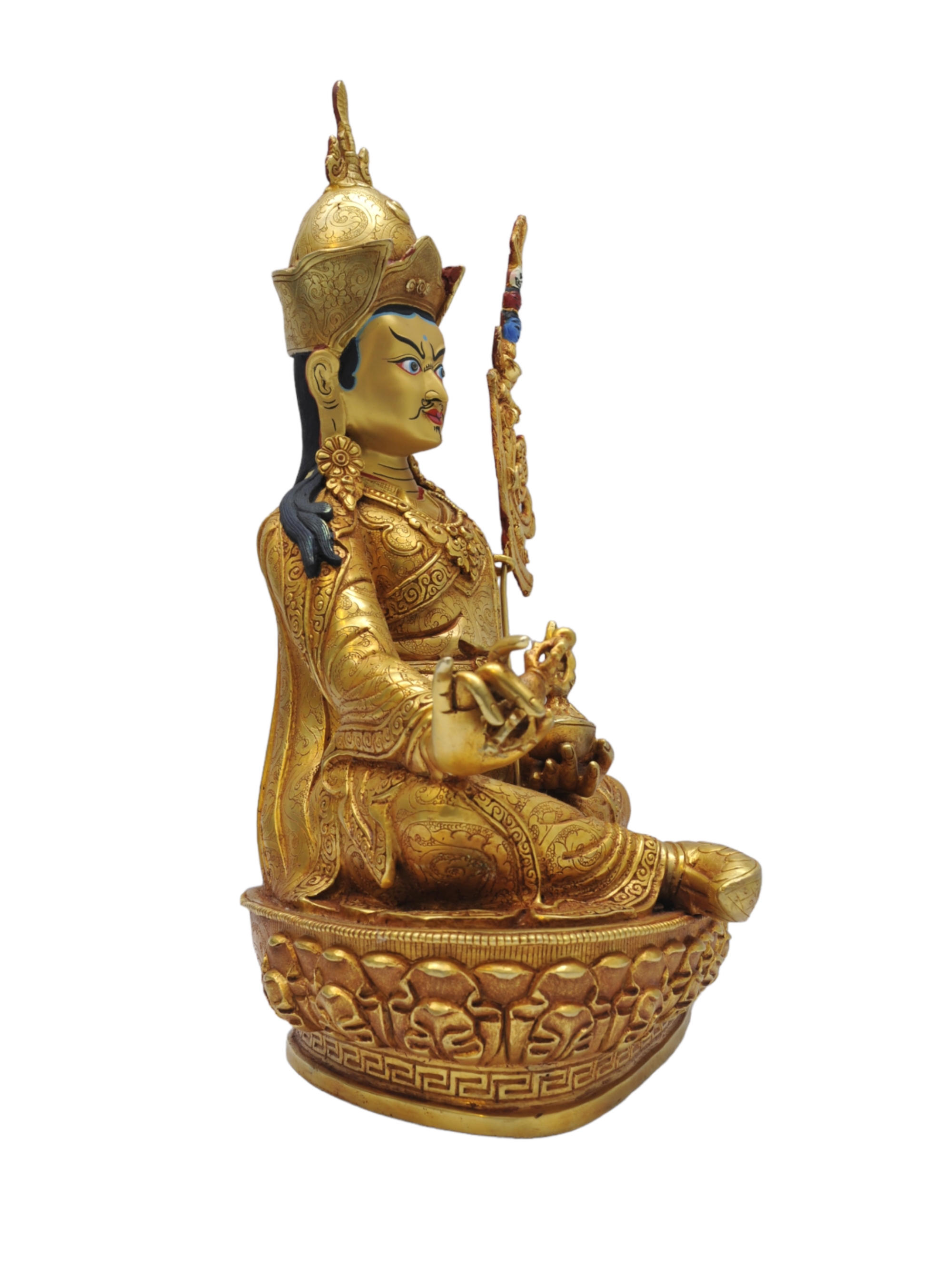 Buddhist Statue Of padmasambhava, guru Rinpoche, Gold Plated With Face Paint