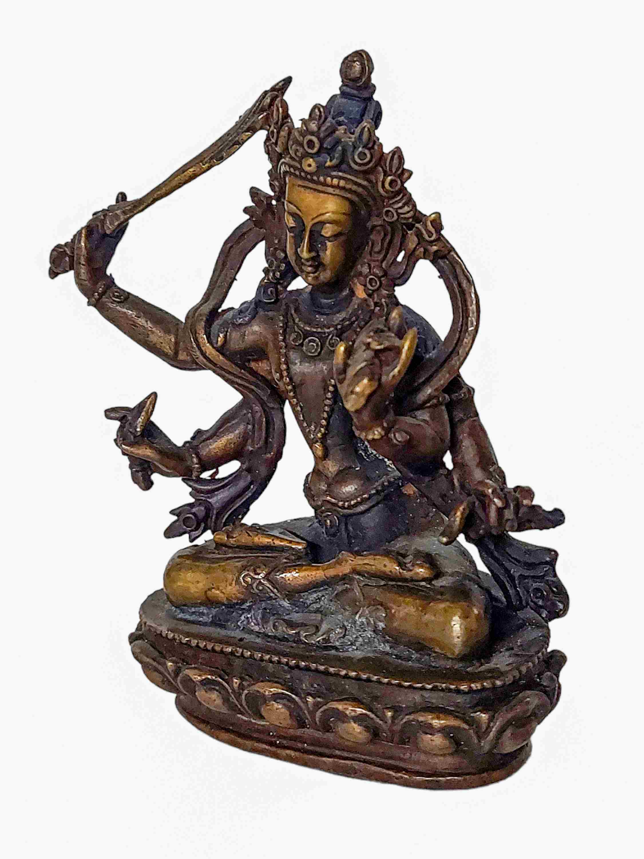 Buddhist Miniature Statue Of maha Manjushree, chocolate Oxidized