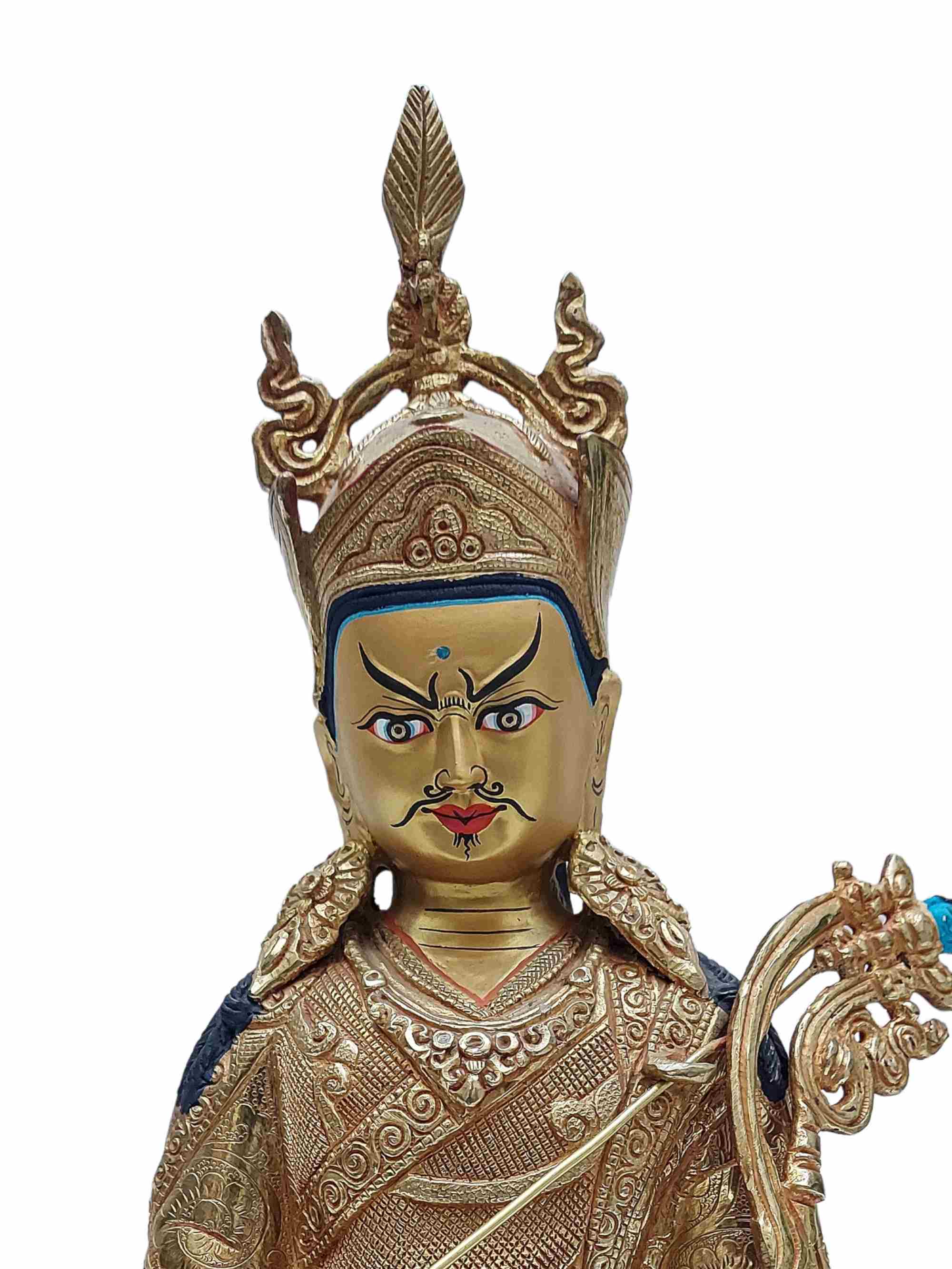 Buddhist Handmade Statue Of Padmasambhava, full Fire Gold Plated With Painted Face