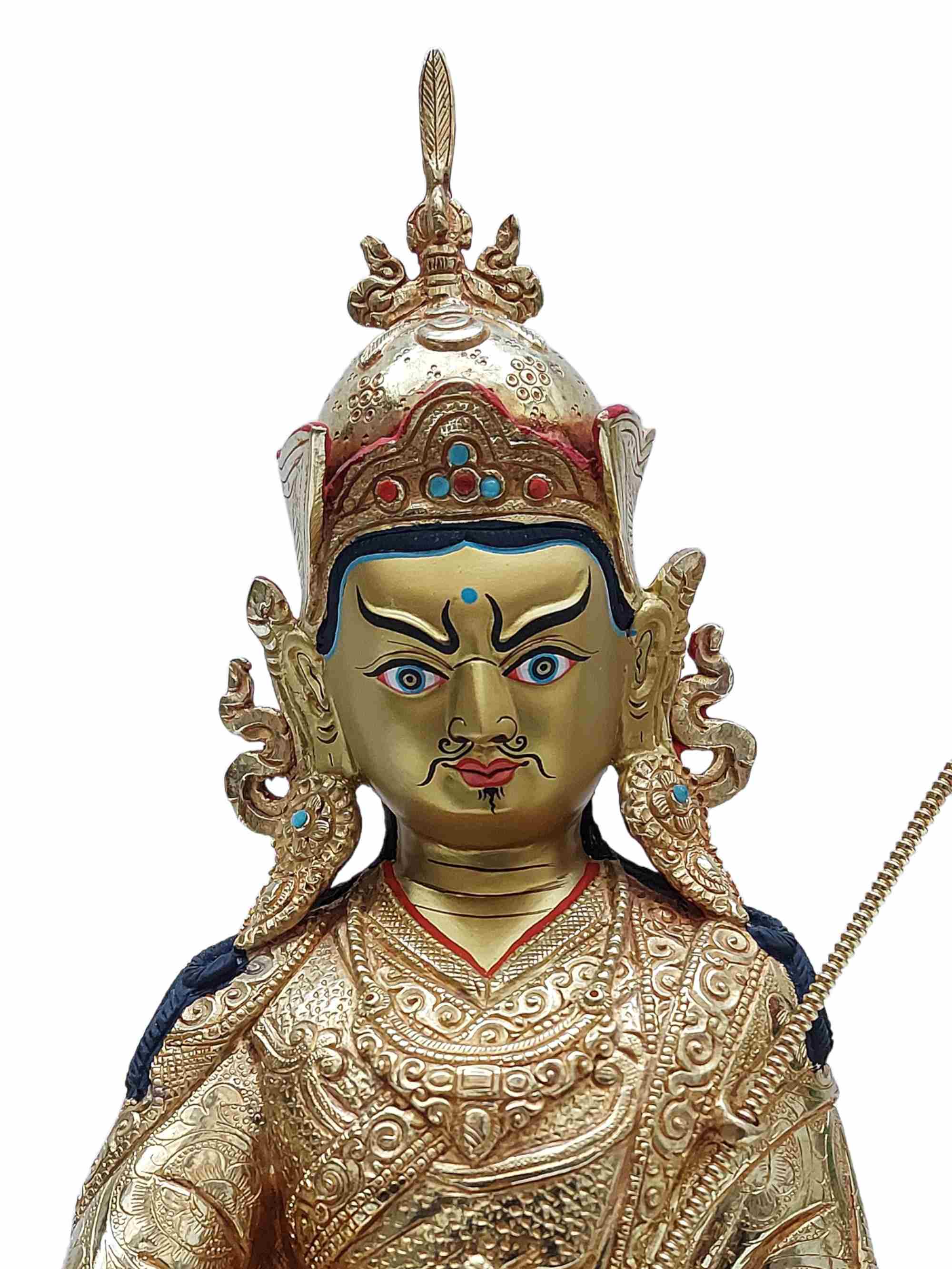 Buddhist Handmade Statue Of Padmasambhava guru Rinpoche, full Fire Gold Plated With Painted Face