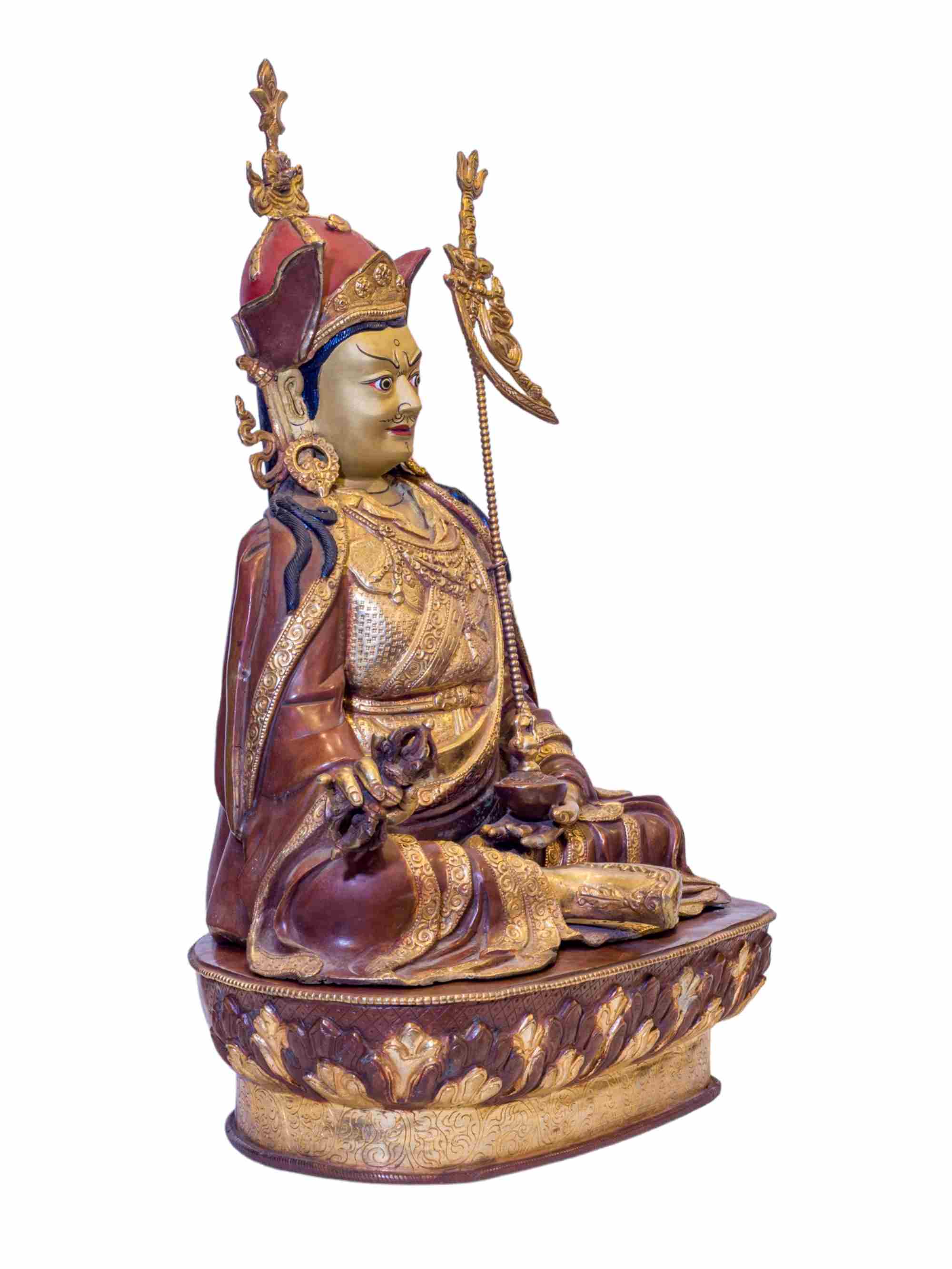 Buddhist Handmade Statue Of Padmasambhava guru Rinpoche, antique Finishing, gold Plated, Face Painted