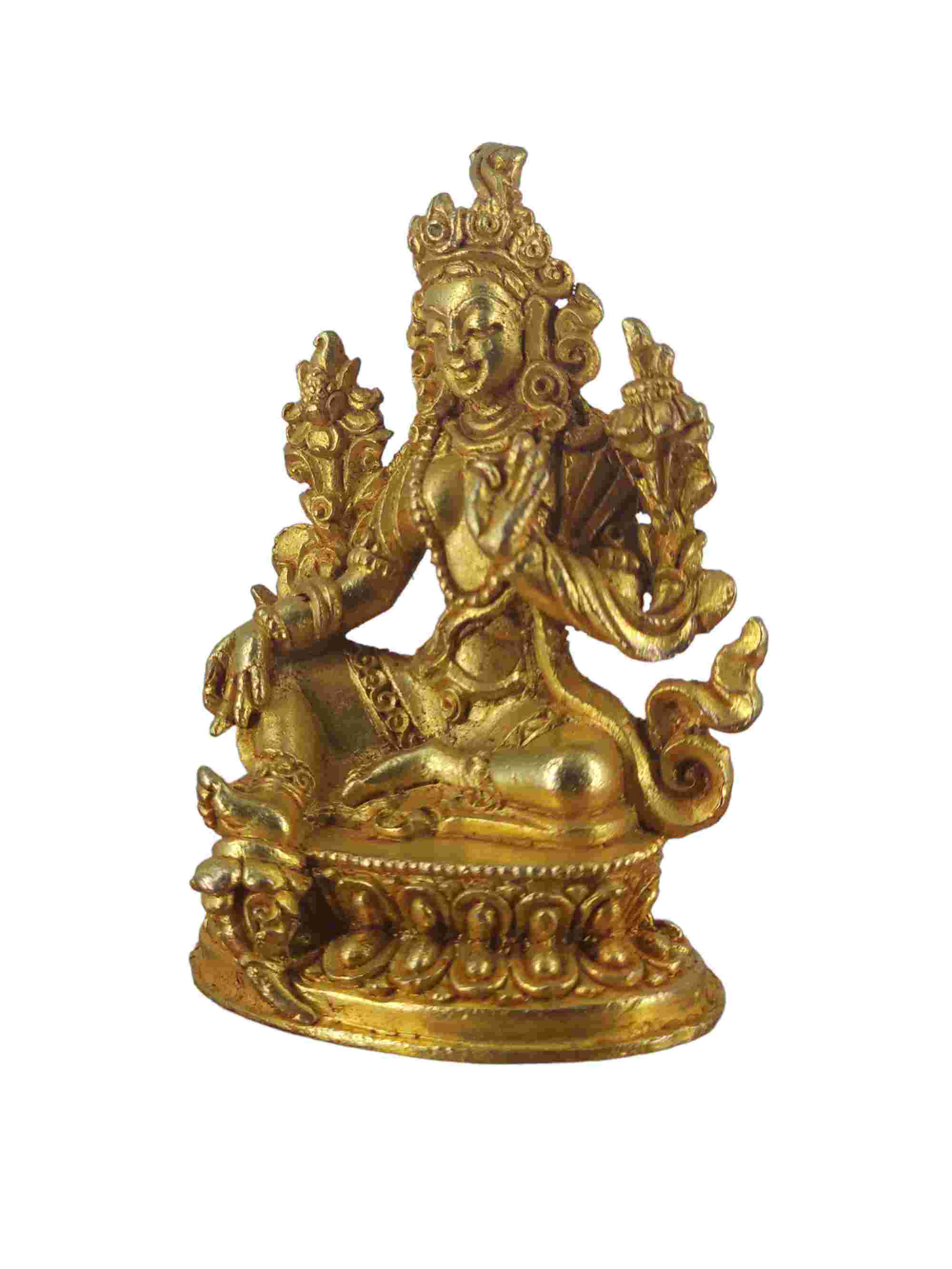 Buddhist Miniature Statue Of Green Tara, gold Plated