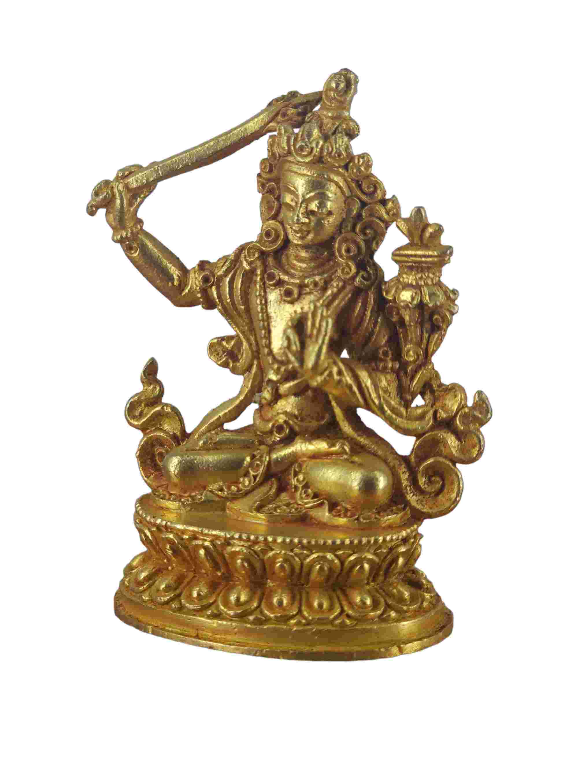 Buddhist Miniature Statue Of Manjushri, gold Plated