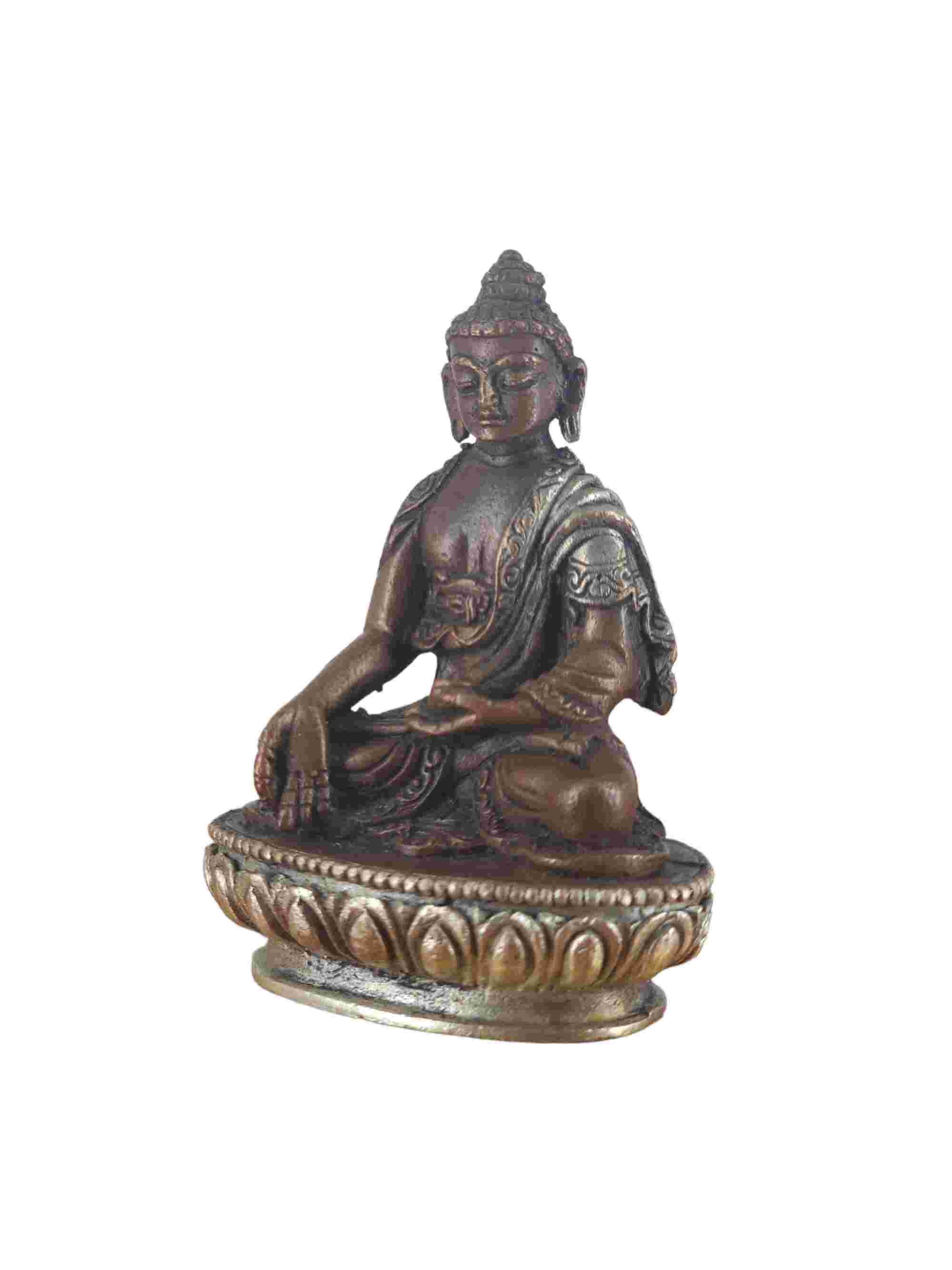 Buddhist Miniature Statue Of Ratnasambhava Buddha, chocolate Oxidized