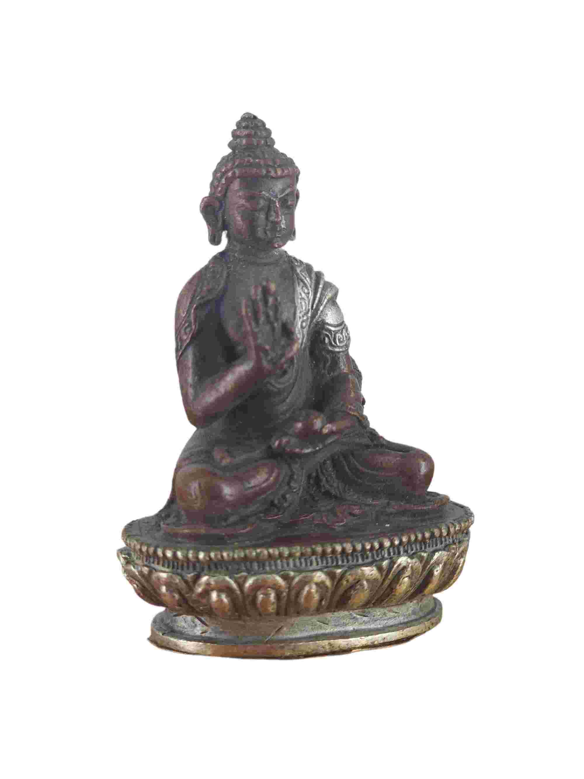 Buddhist Miniature Statue Of Amoghasiddhi Buddha, chocolate Oxidized