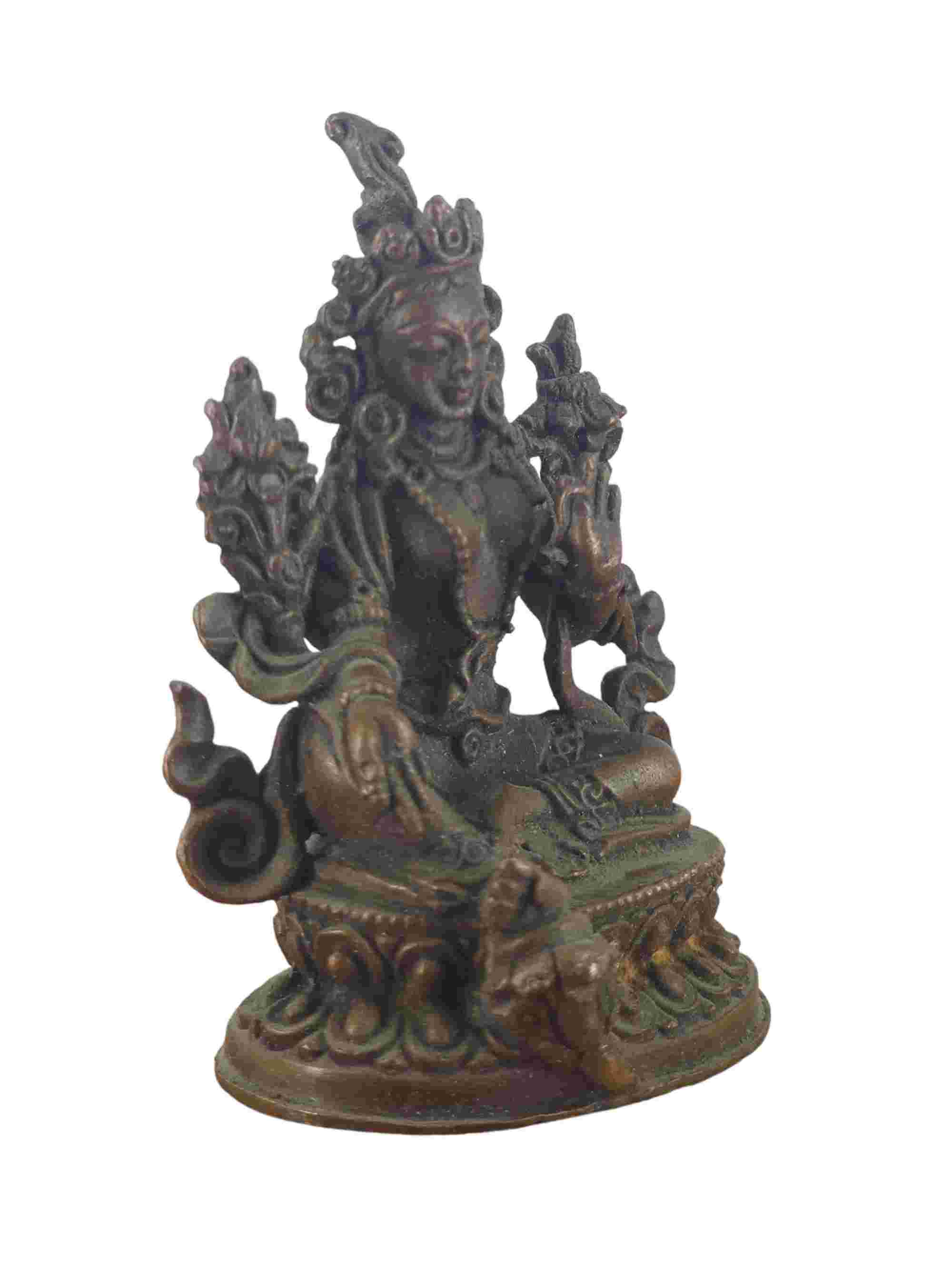 Buddhist Miniature Statue Of Green Tara, chocolate Oxidized