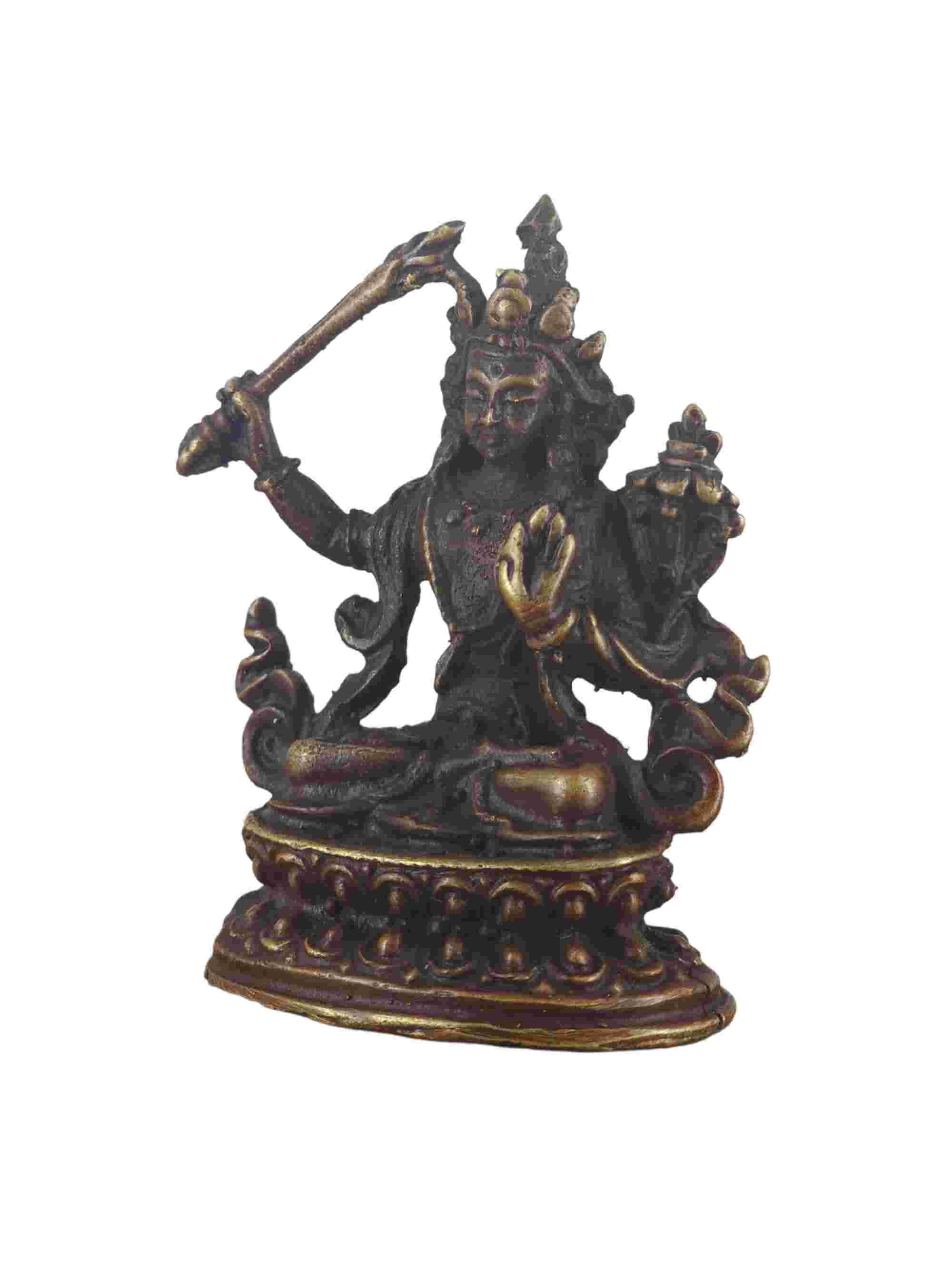 Buddhist Miniature Statue Of Manjushri, chocolate Oxidized