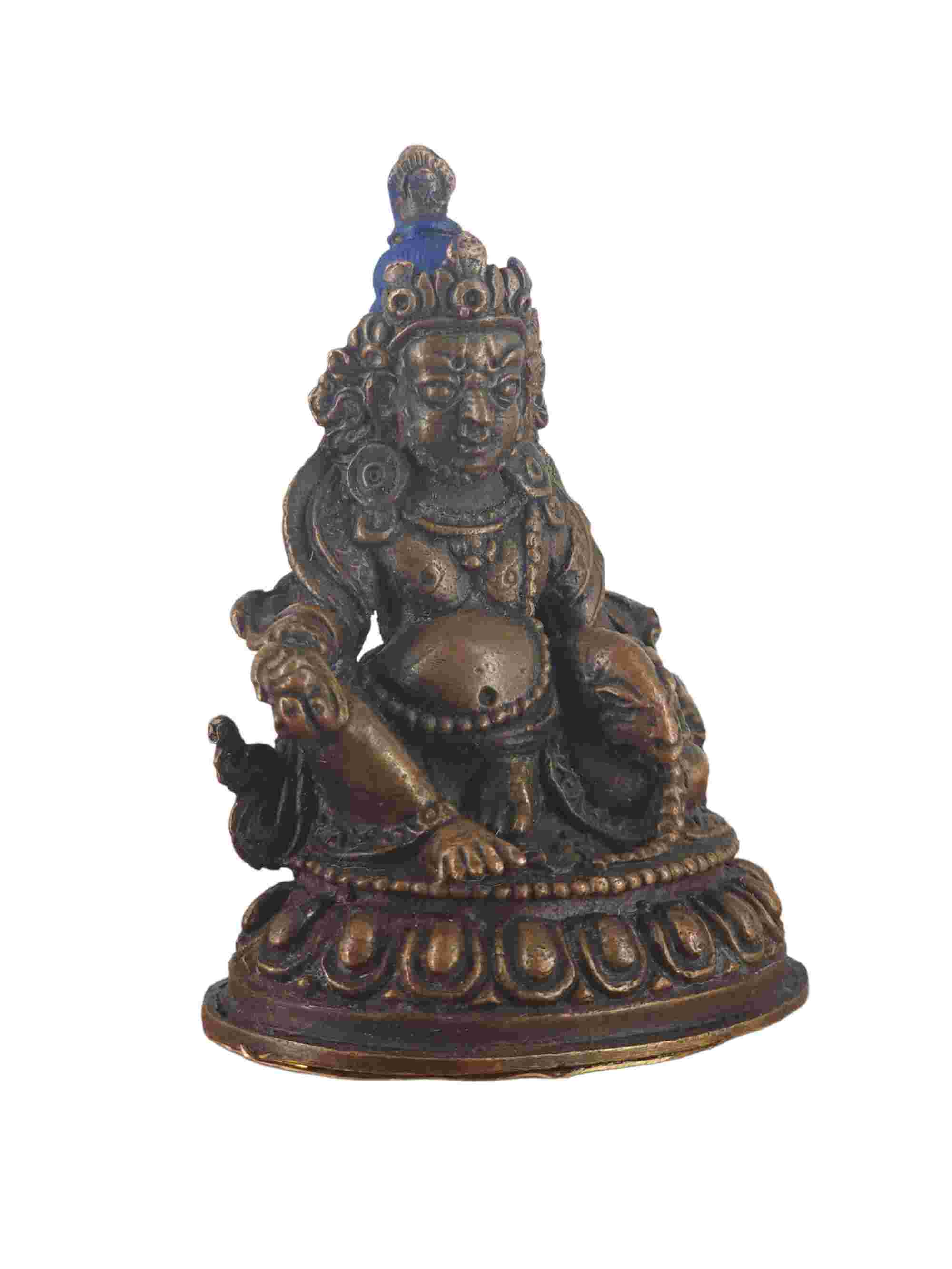 Buddhist Miniature Statue Of Yellow Jambhala, chocolate Oxidized