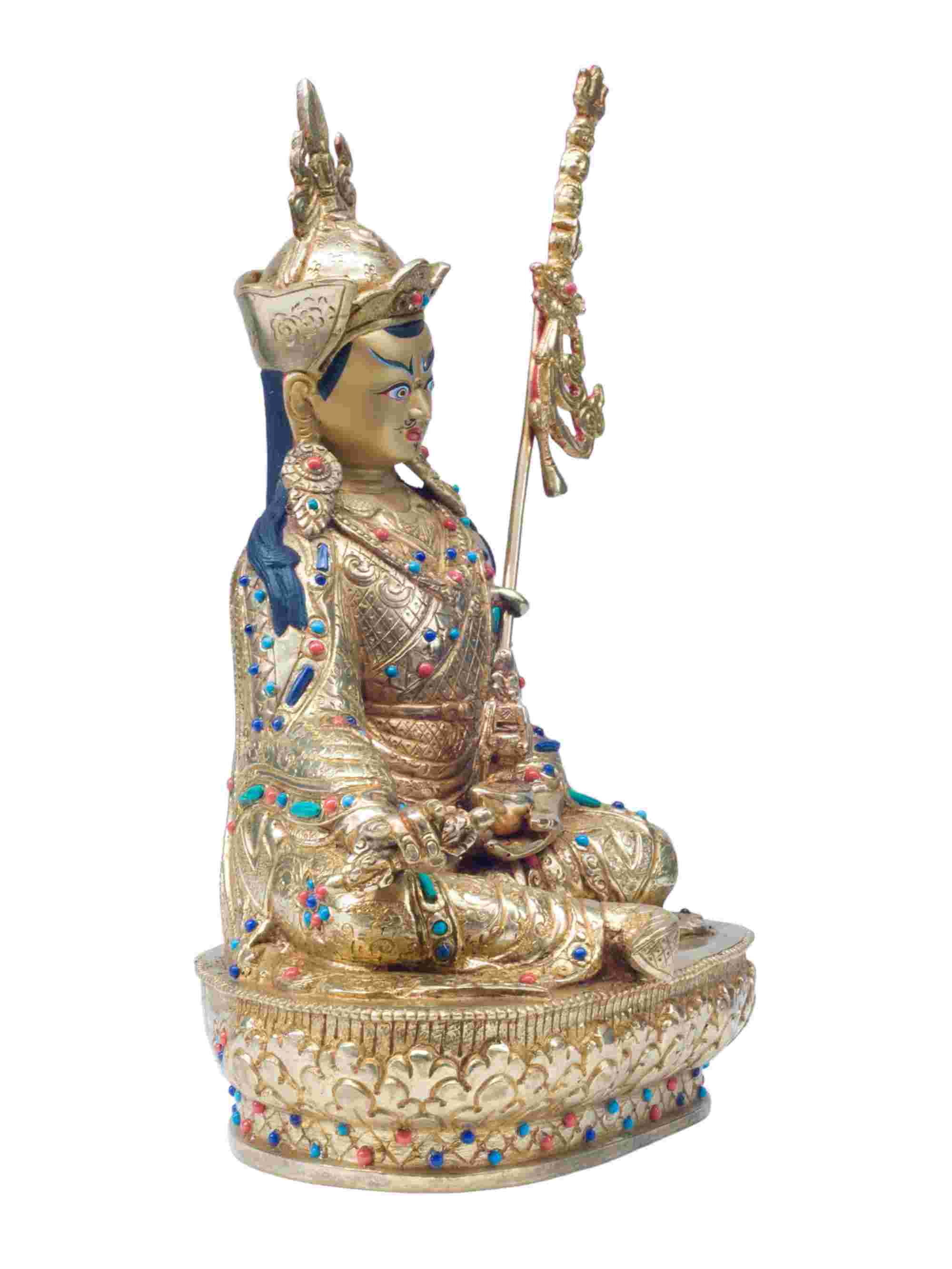 Buddhist Handmade Statue Of Padmasambhava guru Rinpoche, full Fire Gold Plated, stone Setting With Painted Face