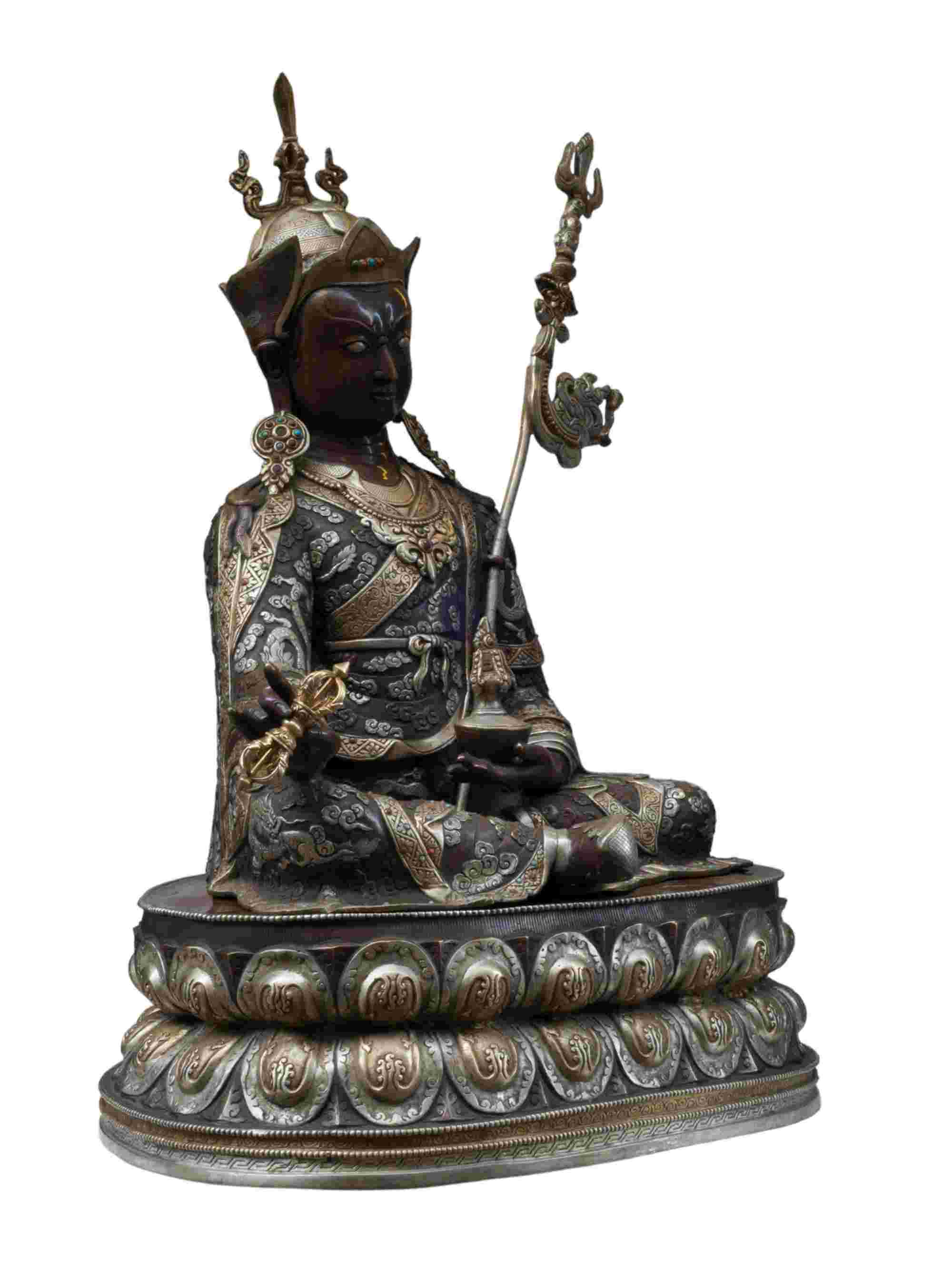 Buddhist Handmade Statue Of Padmasambhava guru Rinpoche, chocolate Oxidized, antique