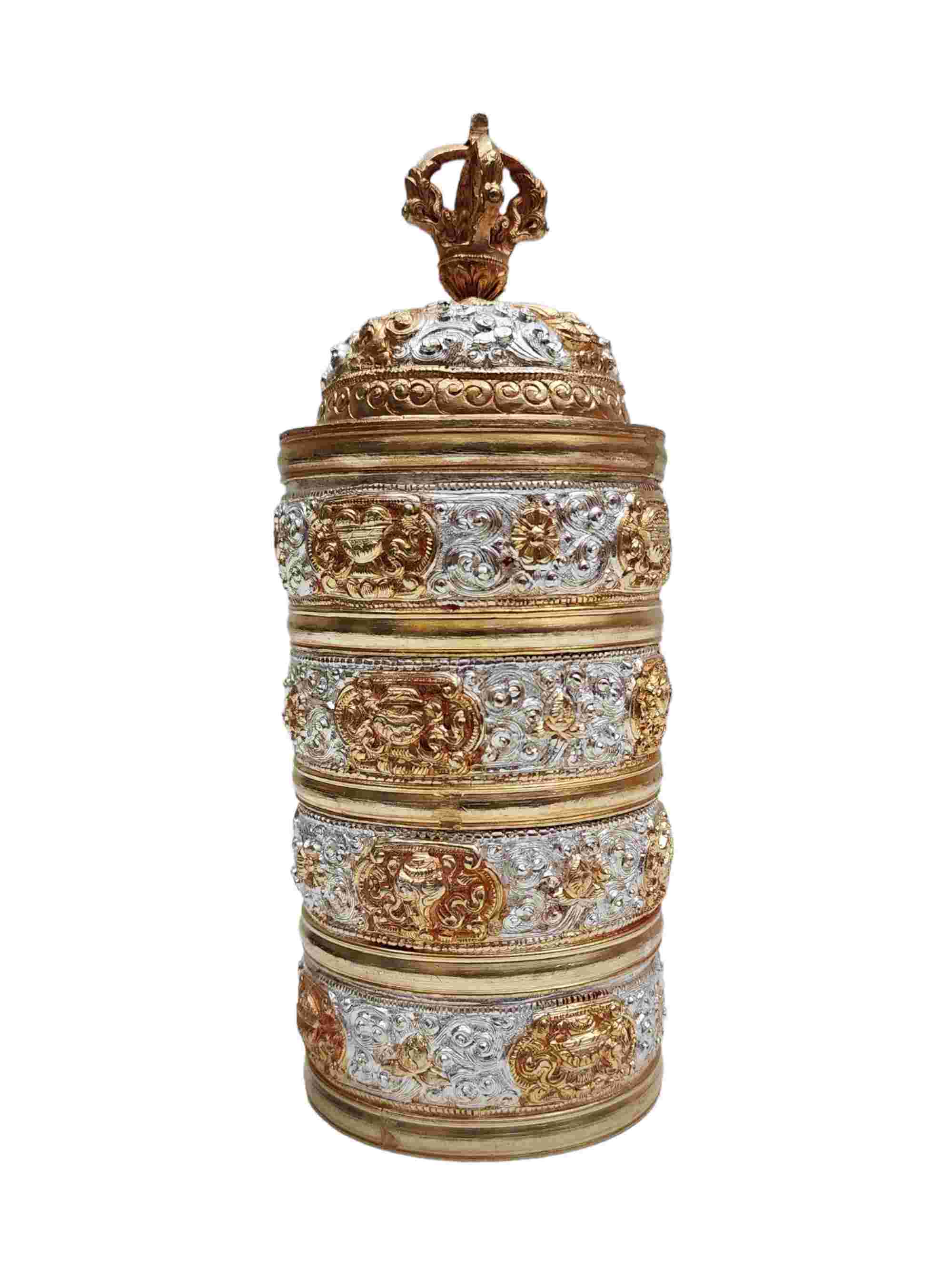 Buddhist Handmade Tibetan Offering, partly Gold Plated, Silver Plated