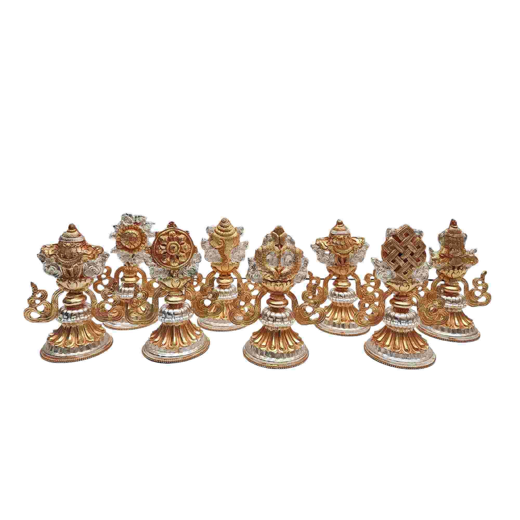 Buddhist Handmade eight Set Tibetan Offering Set Of Ashtamangala, partly Gold Plated, Silver Plated