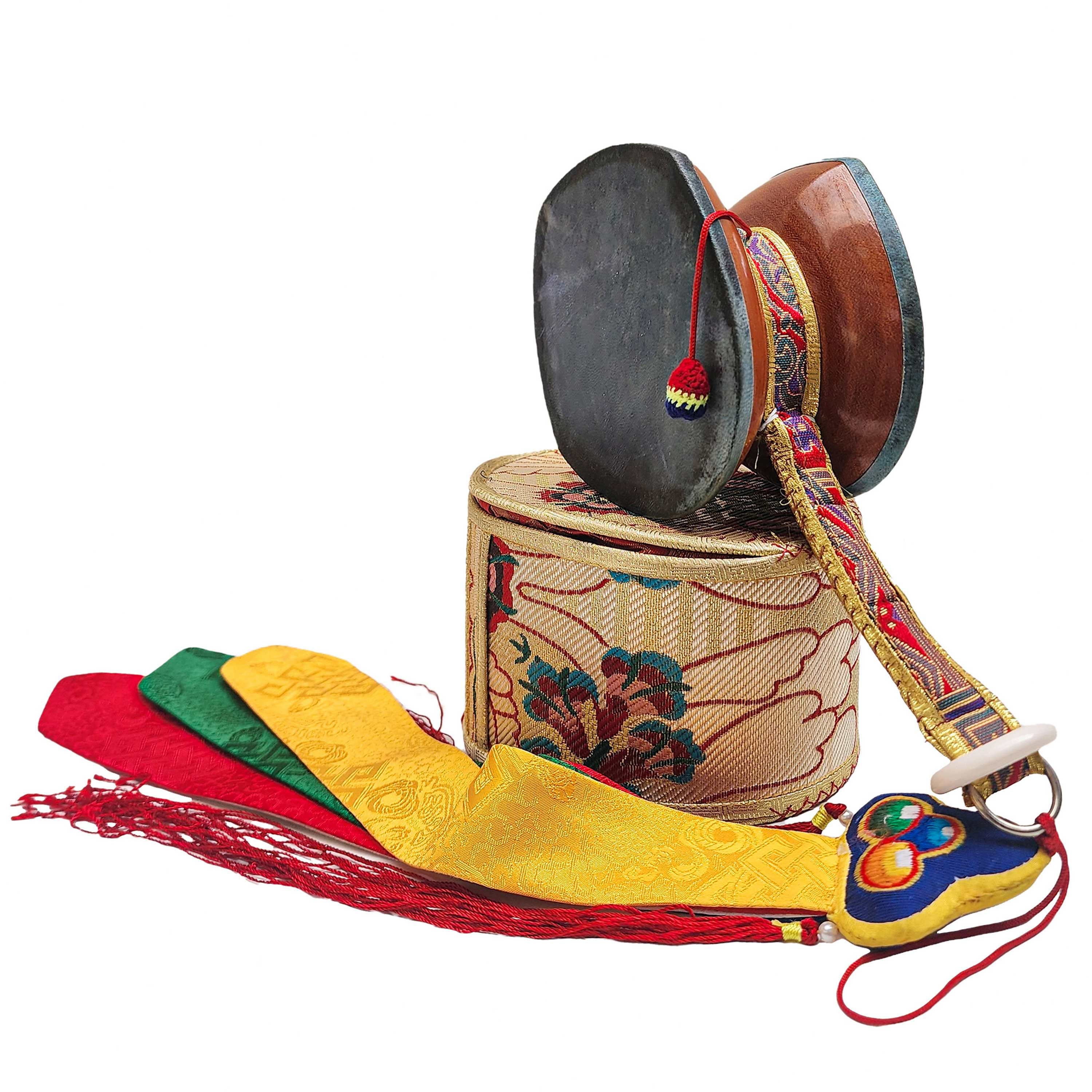 Chod Damru, The Tibetan chod Damaru, medium Quality A Traditional Musical Instrument From Tibet, high Quality Wood With Brocade Cover And Tail