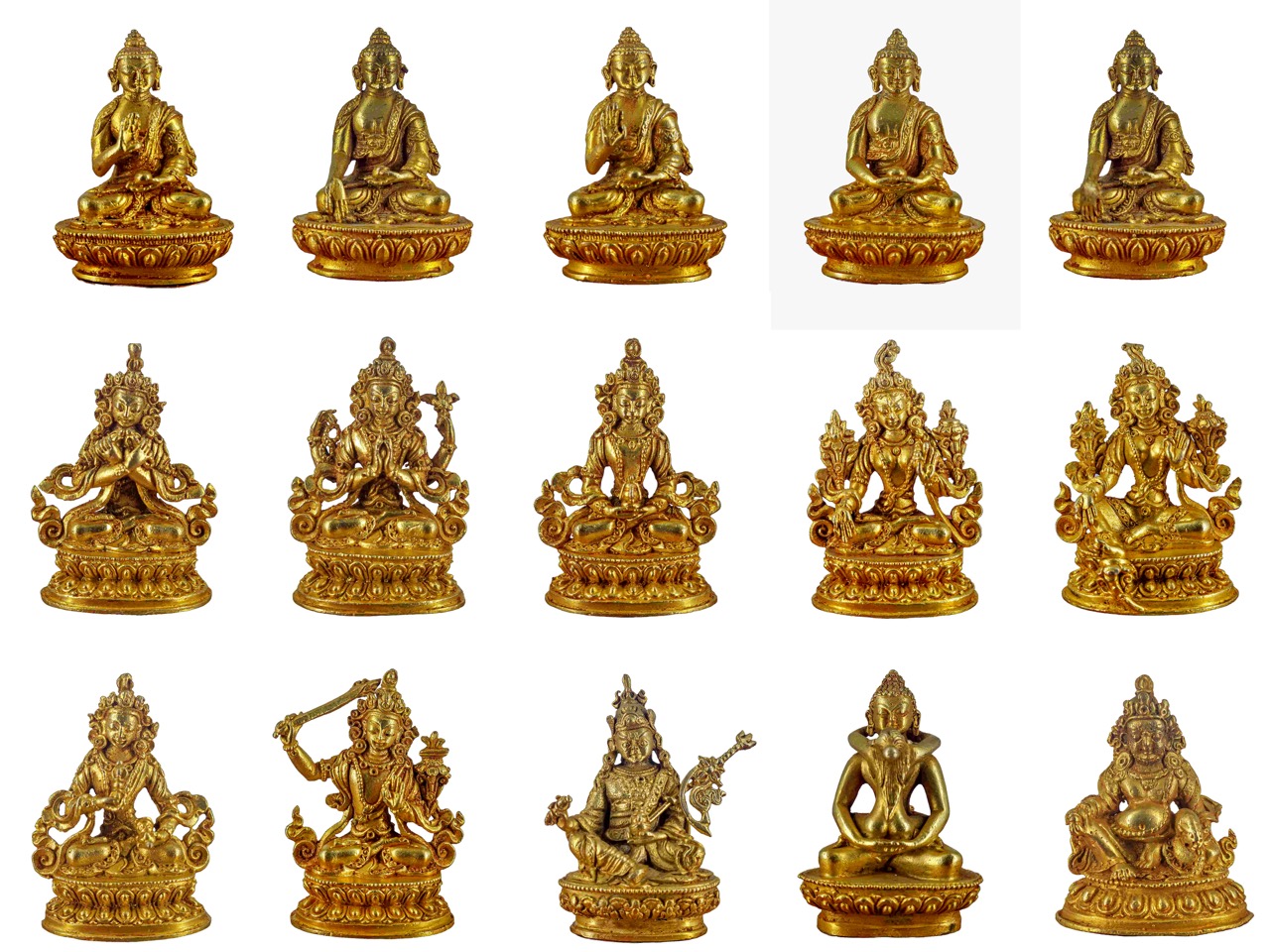 15 Essential Buddhist Gods In Miniature: Copper And Gold Edition Shakyamuni, Vajrasattva, Chenrezig, Padmasambhava, Jambhala Etc