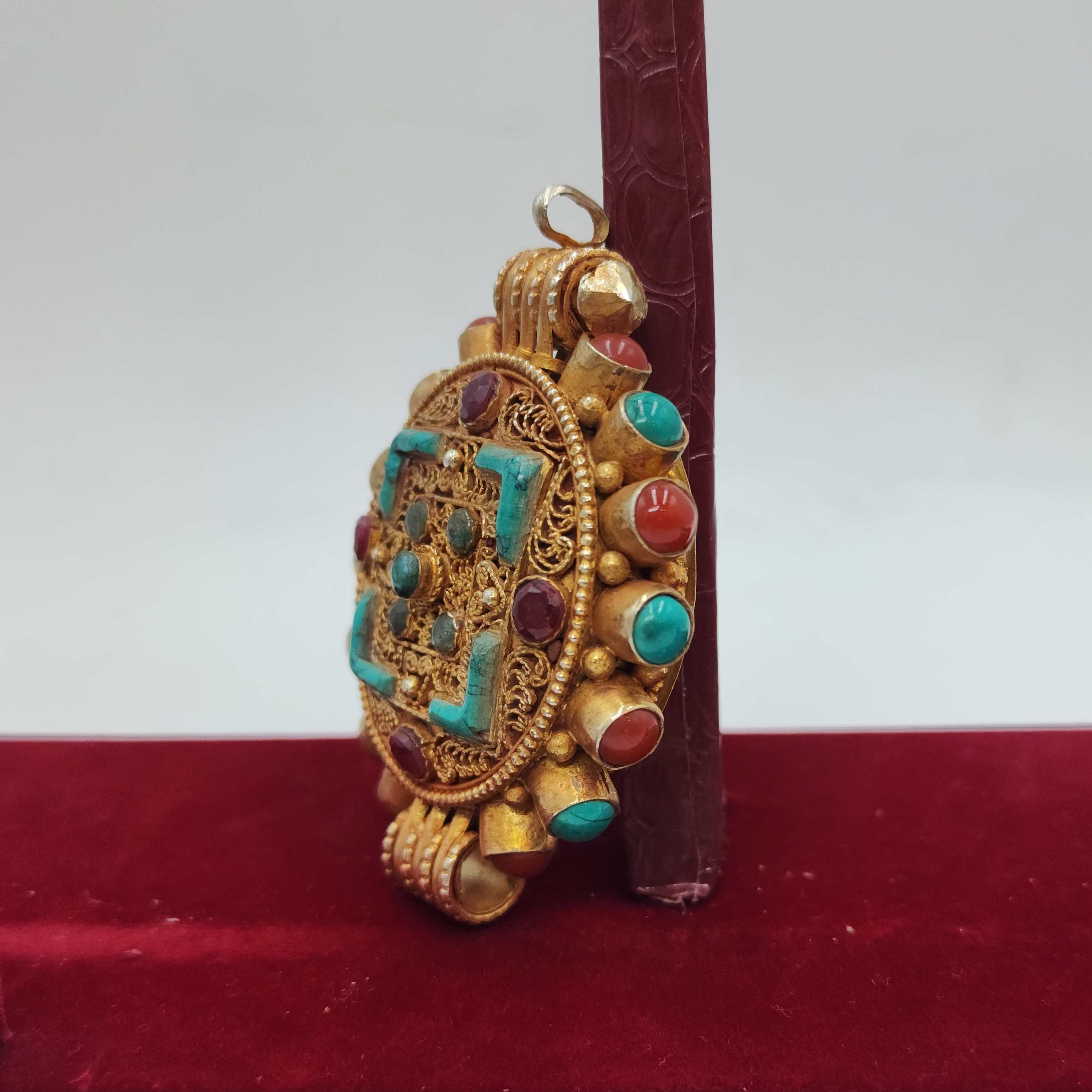 Tibetan Mandala Ghau Box With Sighu Stone, gold Plated, stone Setting