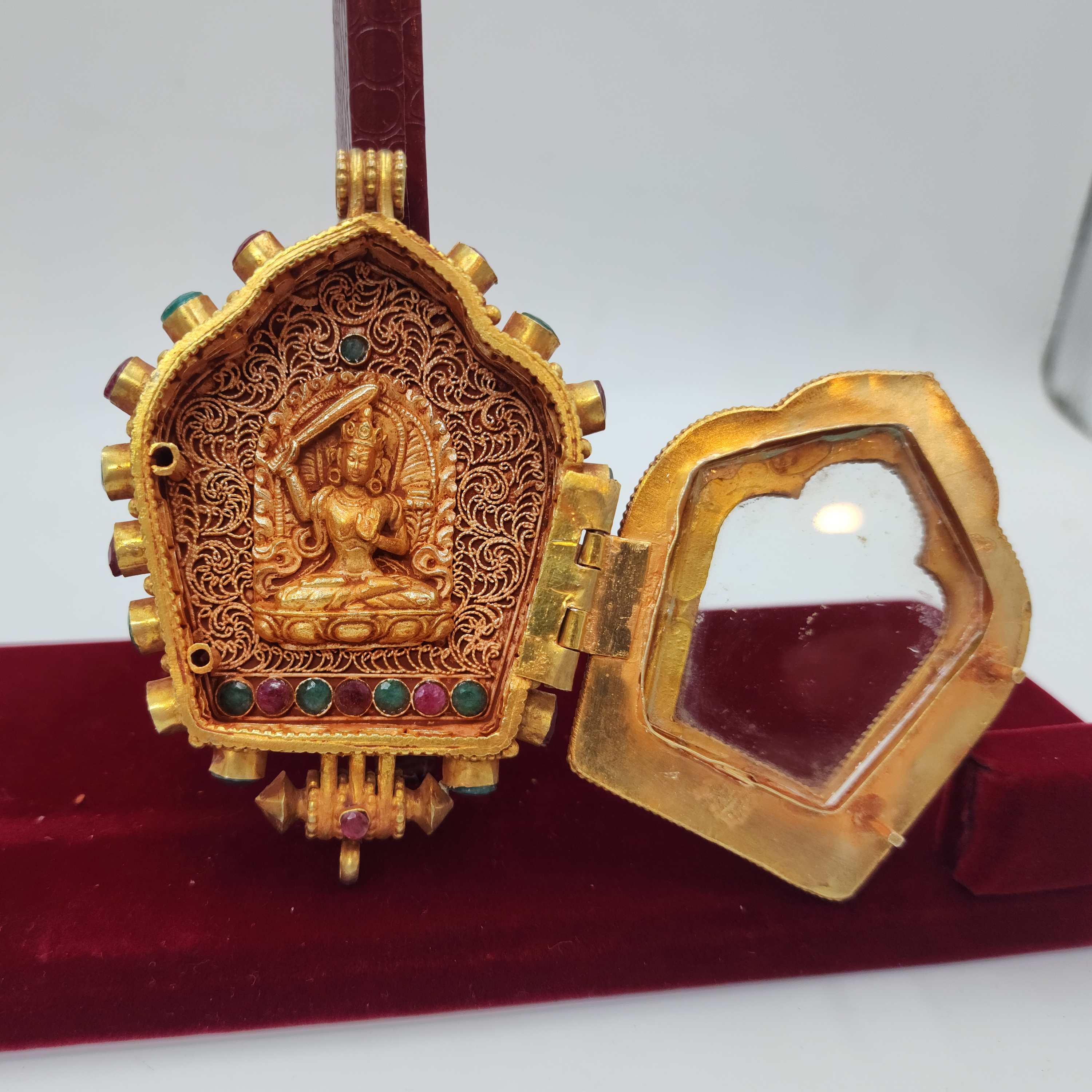 sterlin Silver Tibetan Ghau Box With Manjushree, gold Plated, stone Setting