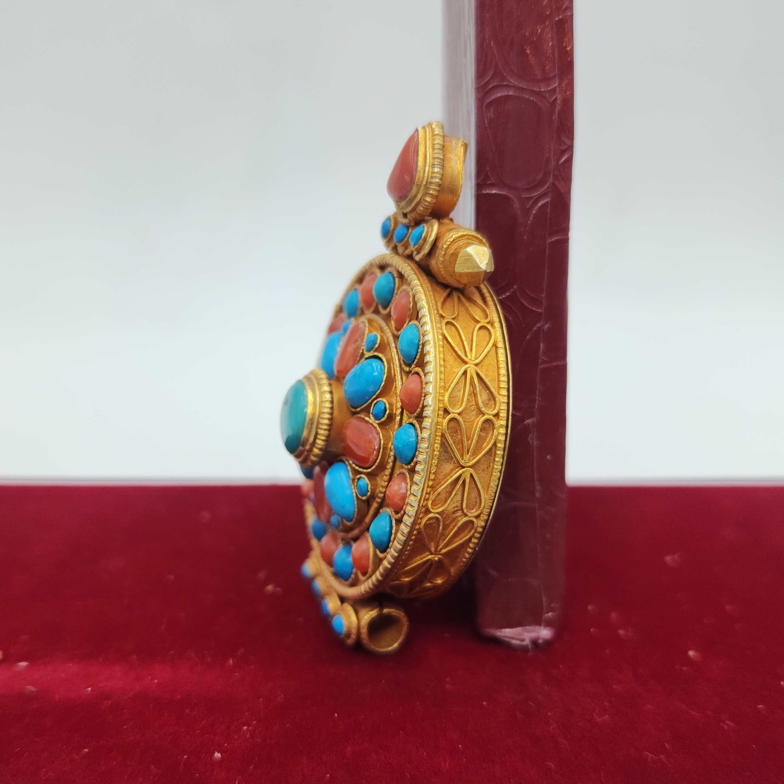 sterlin Silver Tibetan Ghau Box With Flower Design, gold Plated, stone Setting