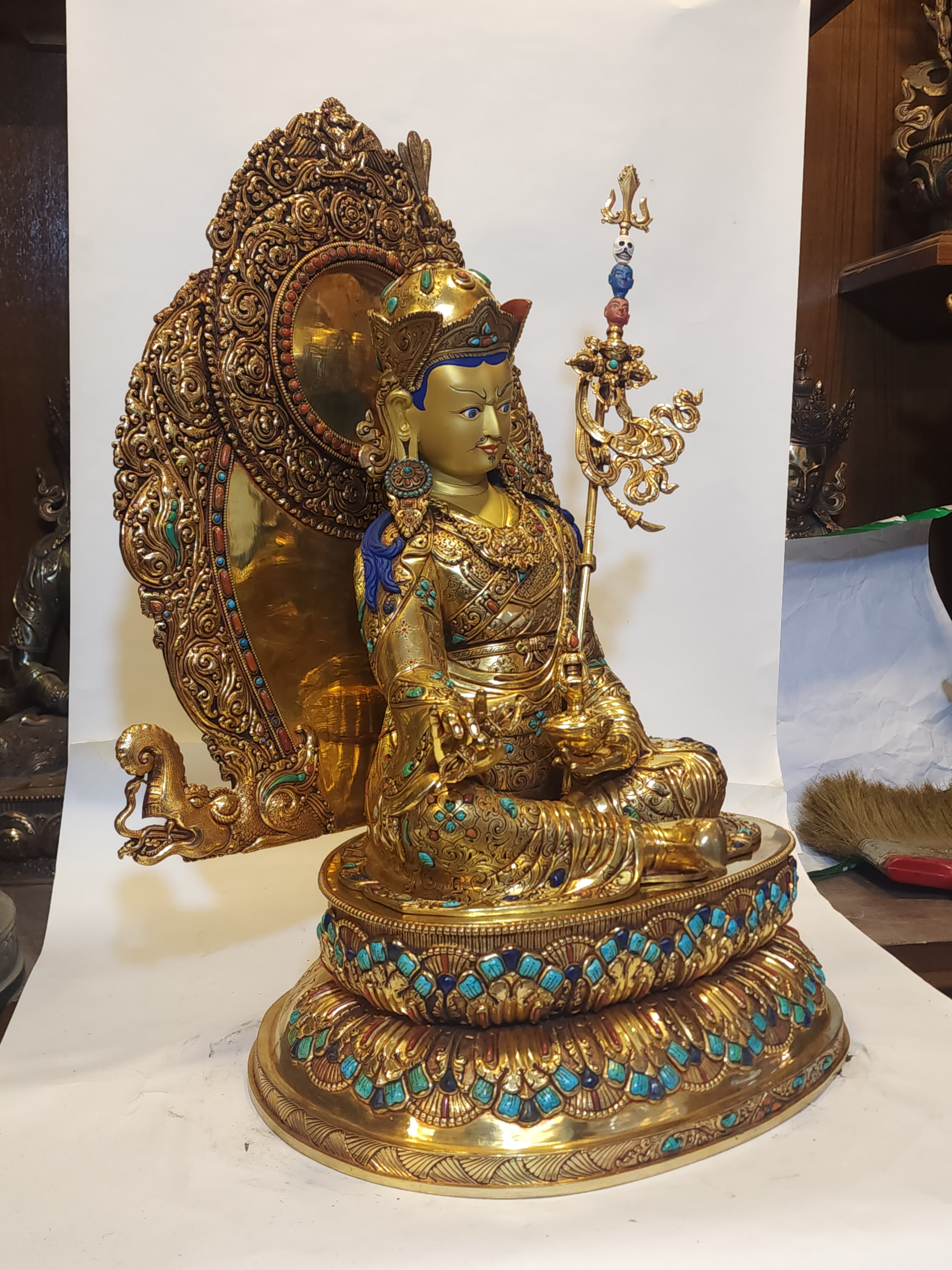 high Quality, Tibetan Buddhist Handmade Statue Of Padmasambhava, full Fire Gold Plated, face Painted, stone Setting