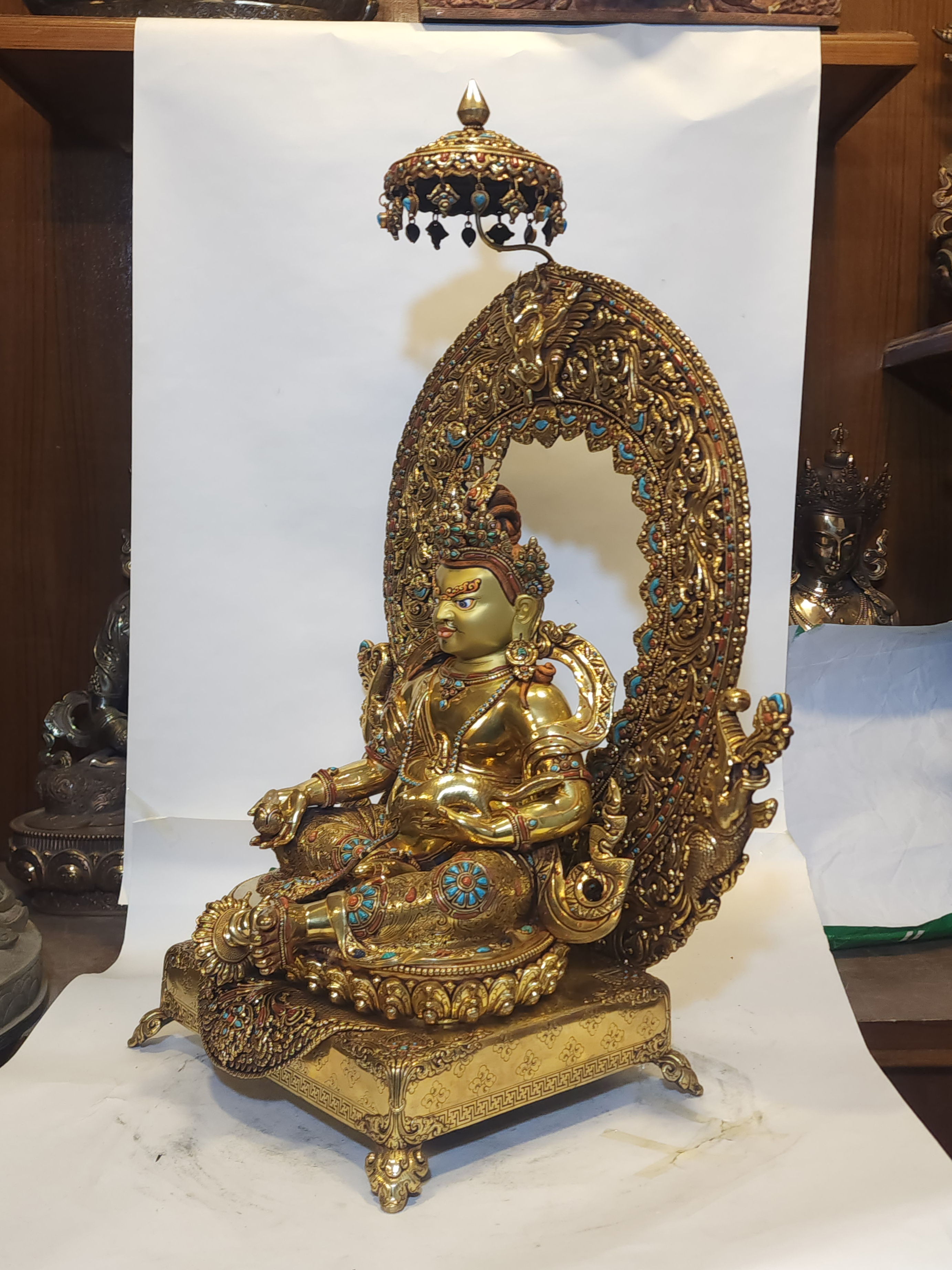 high Quality, Tibetan Buddhist Handmade Statue Of Yellow Jambhala On Throne, full Fire Gold Plated, face Painted, stone Setting