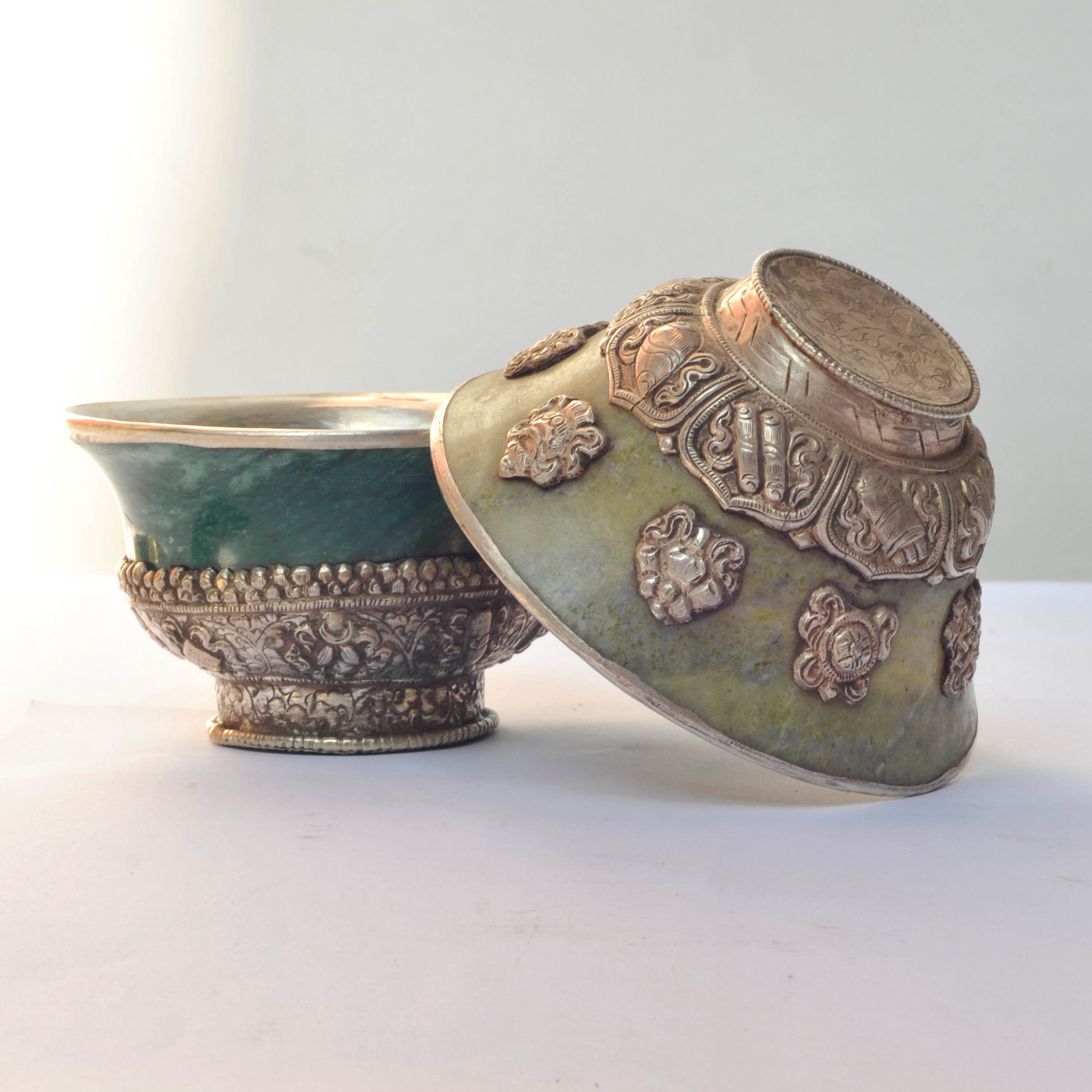 Silver Cup With Emitted amber Offering Bowls, silver Carving, With Ashtamangal Design