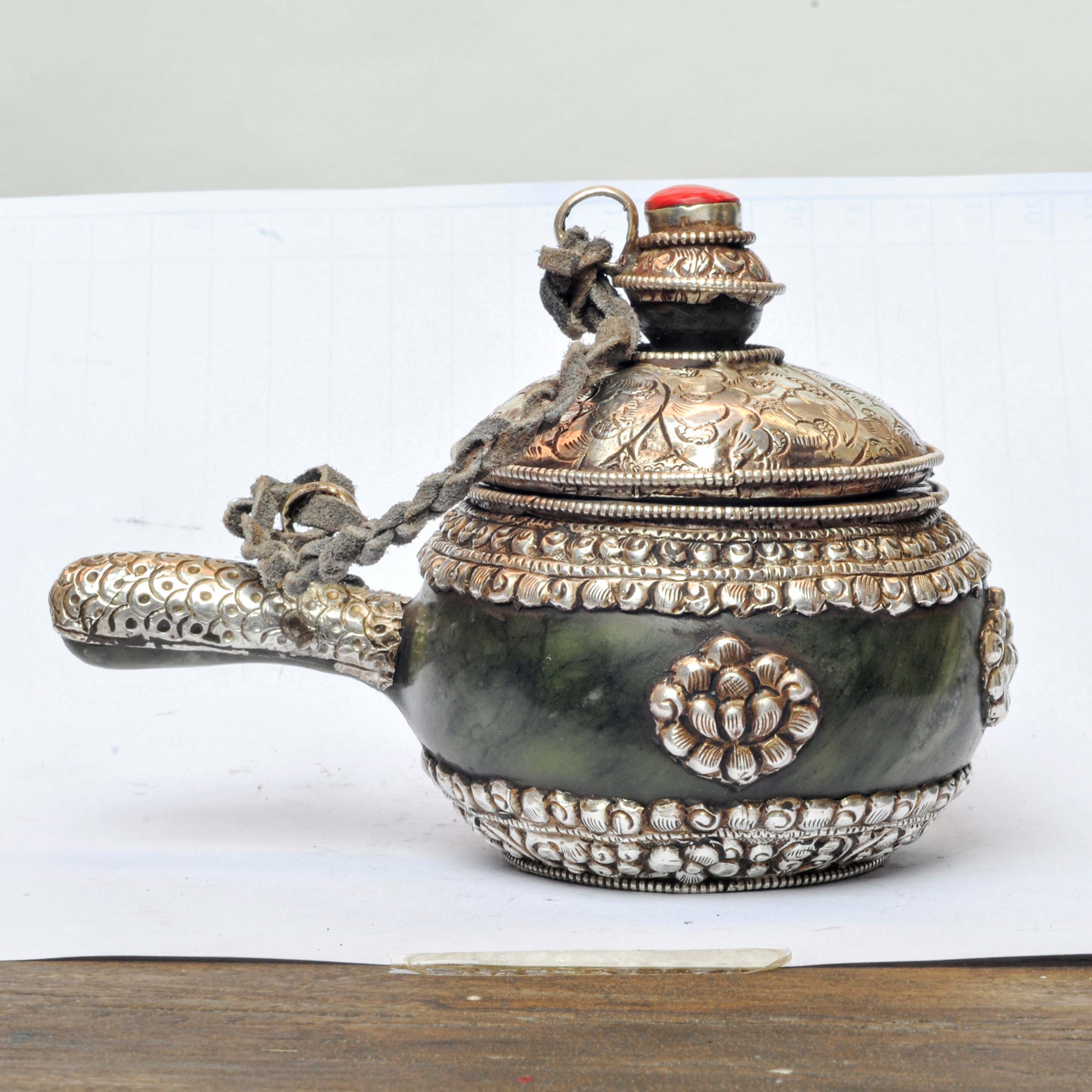 Tibetan Tea And Water Offering Vessel, Green Color, With Silver And Metal Siku Design, Offering Tea, silver Carving, Metal Stone Setting , remakable