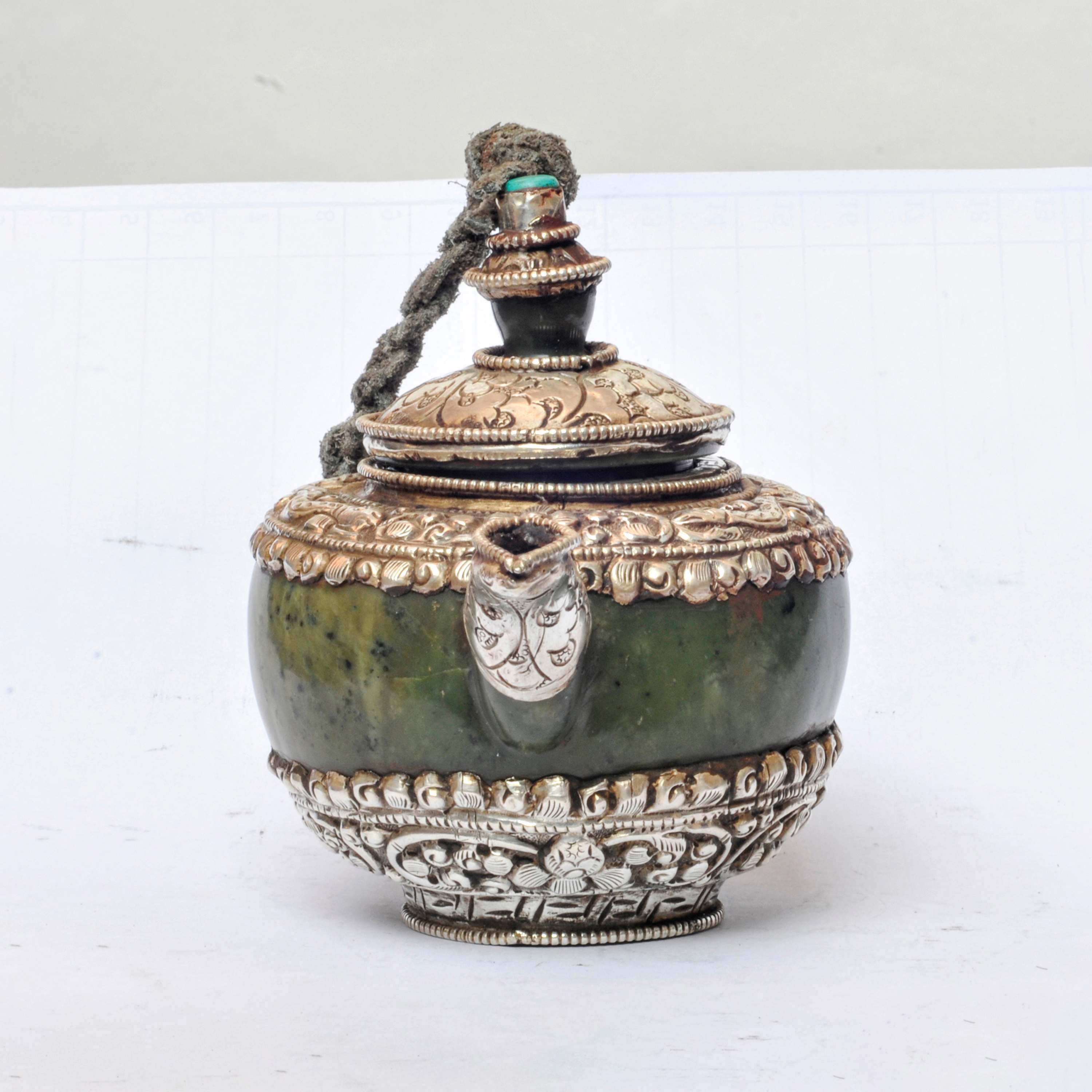 Tibetan Buddhist Jade And Metal Tea Pot.silver Carving, Metal Stone Setting, remakable