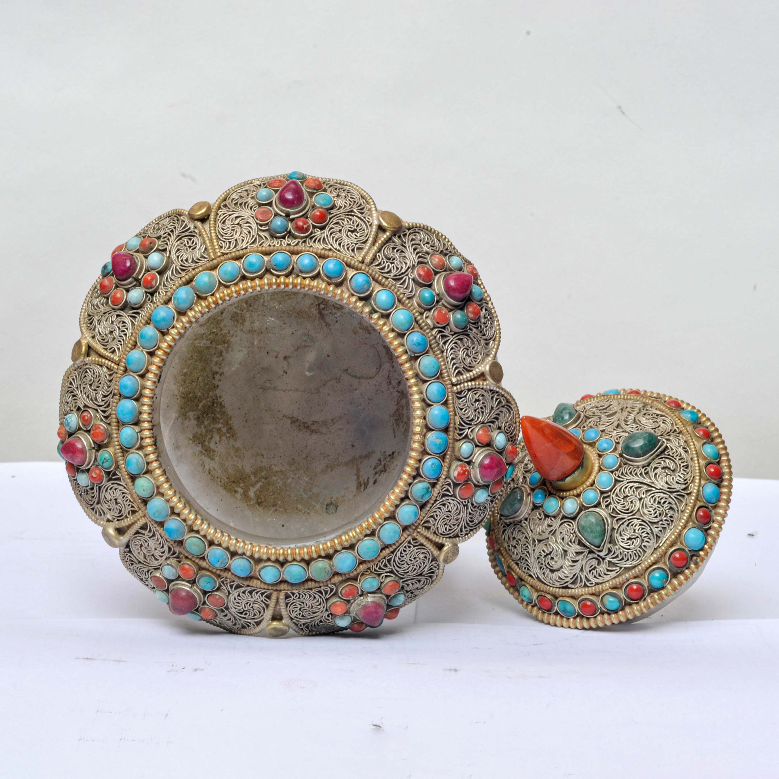 Nepali Handmade Crystal And Metal Siku Design Buddhist Urn offering Vessel