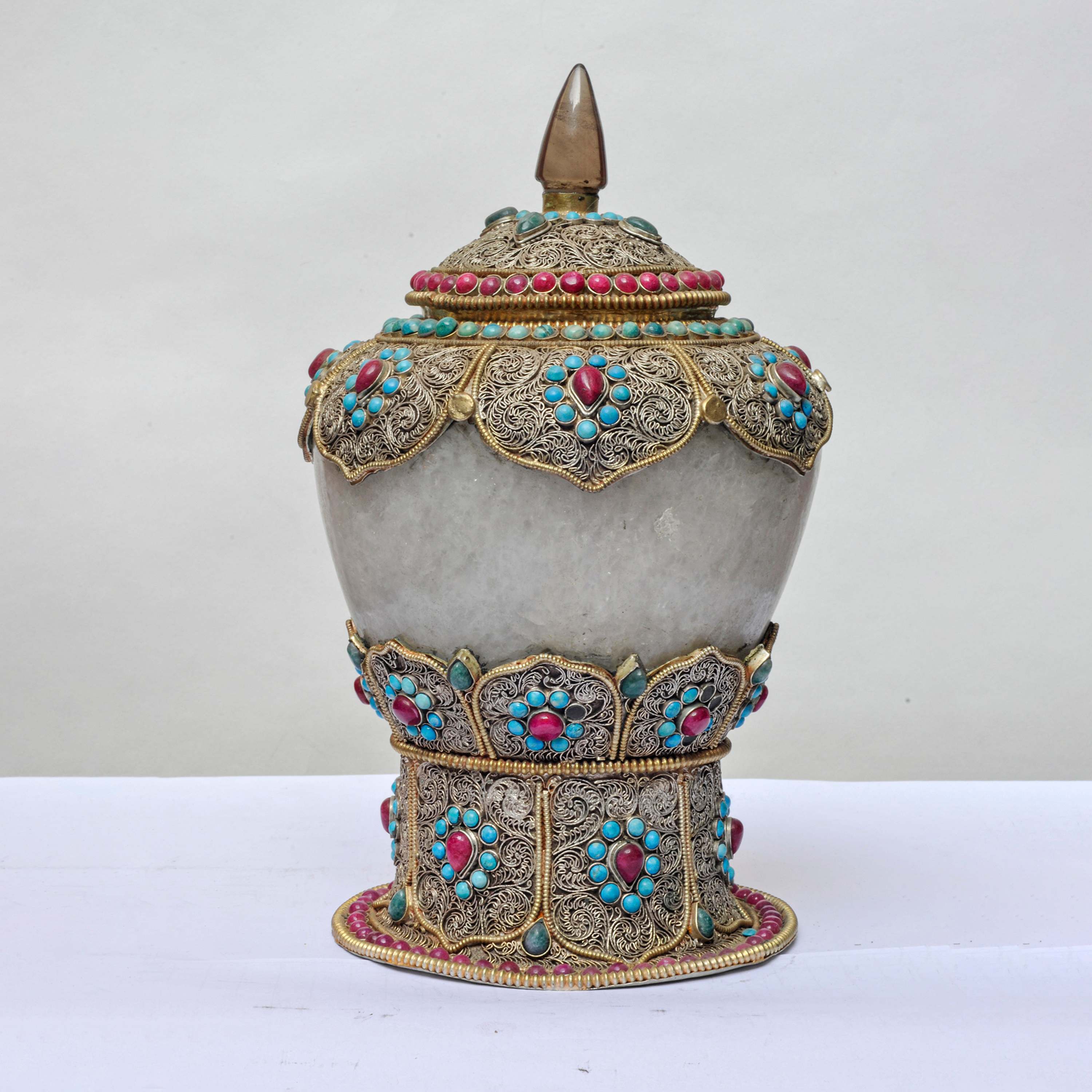 Nepali Handmade Crystal And Metal Siku Design Buddhist Urn offering Vessel