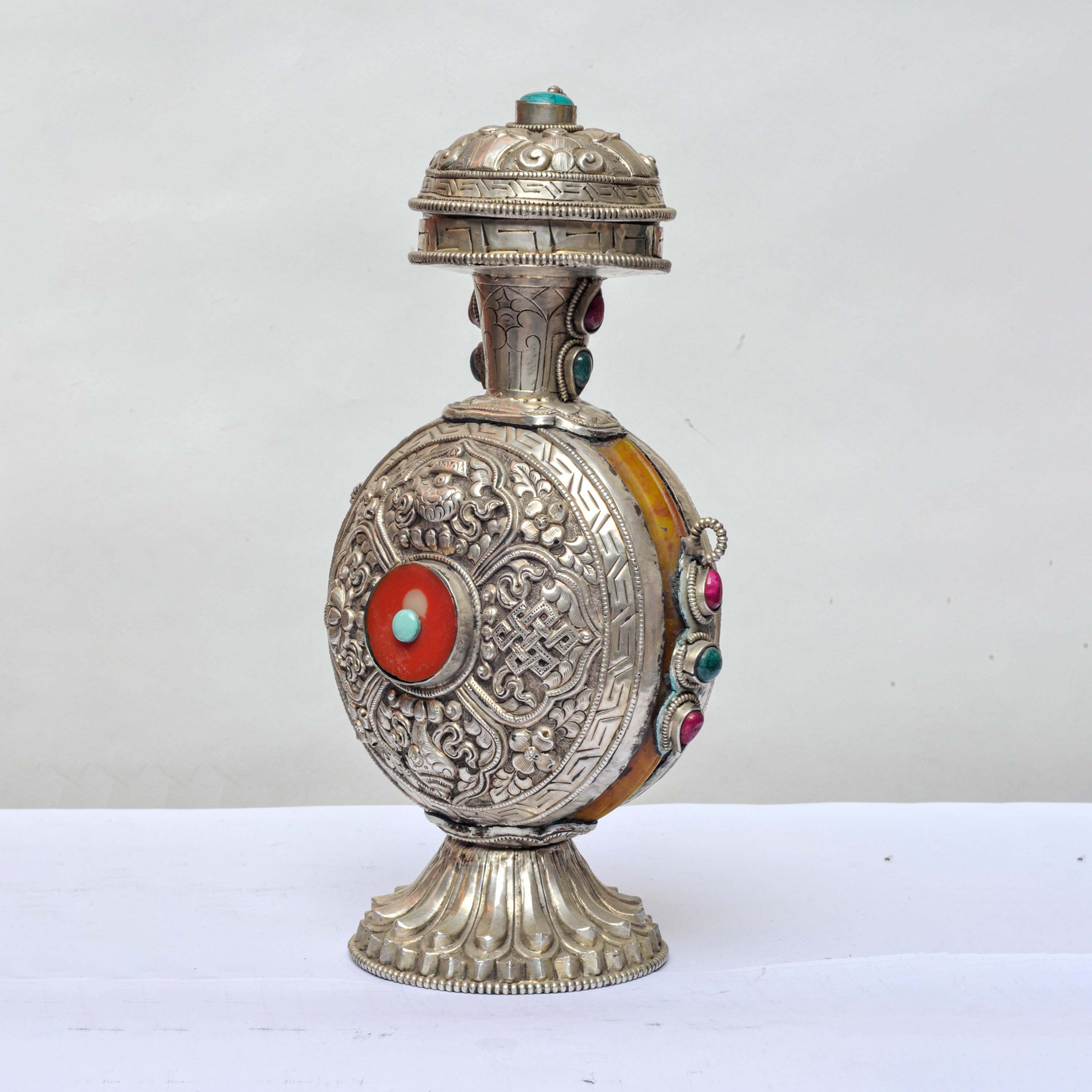 Copper Flower Snuff Bottle With And Jade Stone, Silver And Copper Plated With Stone Setting, silver Carving