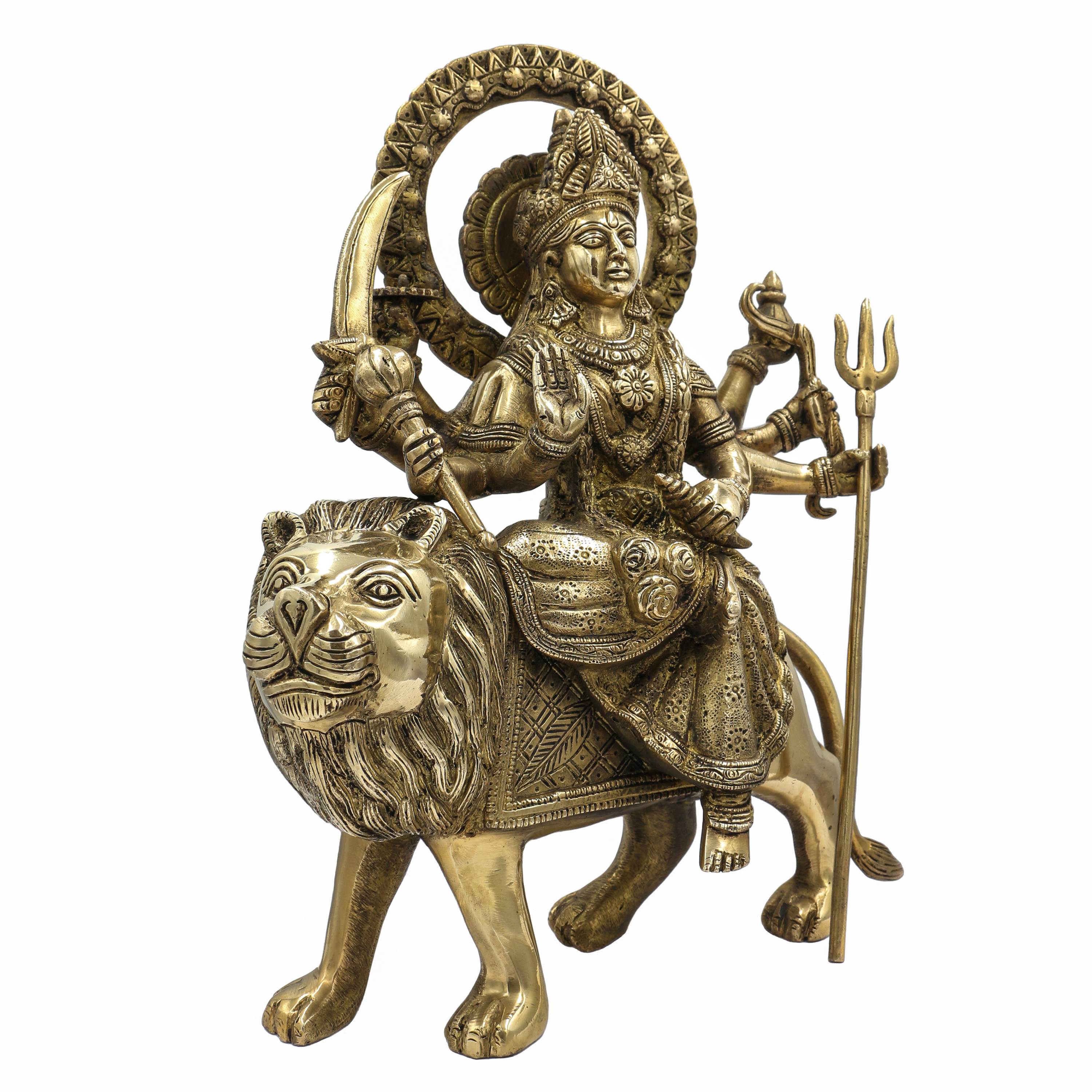 Nepali Statue Of Durga Sitting On Lion, sand Casting, Glossy Finishing