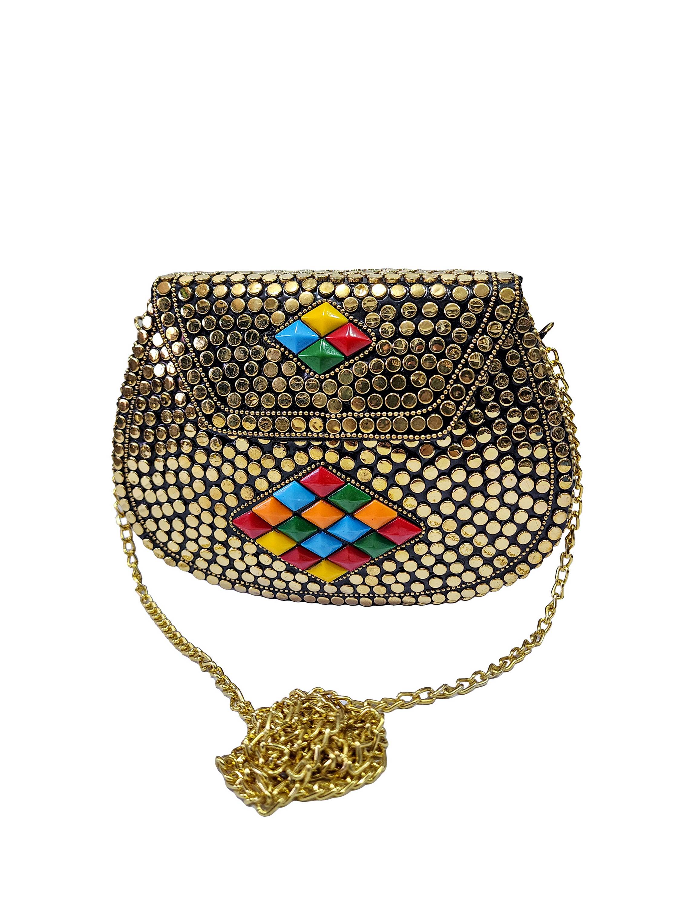 Golden Brocade Stone & Ghungroo Embellished Traditional Hand Bag |  EST-RSN-92 | Cilory.com