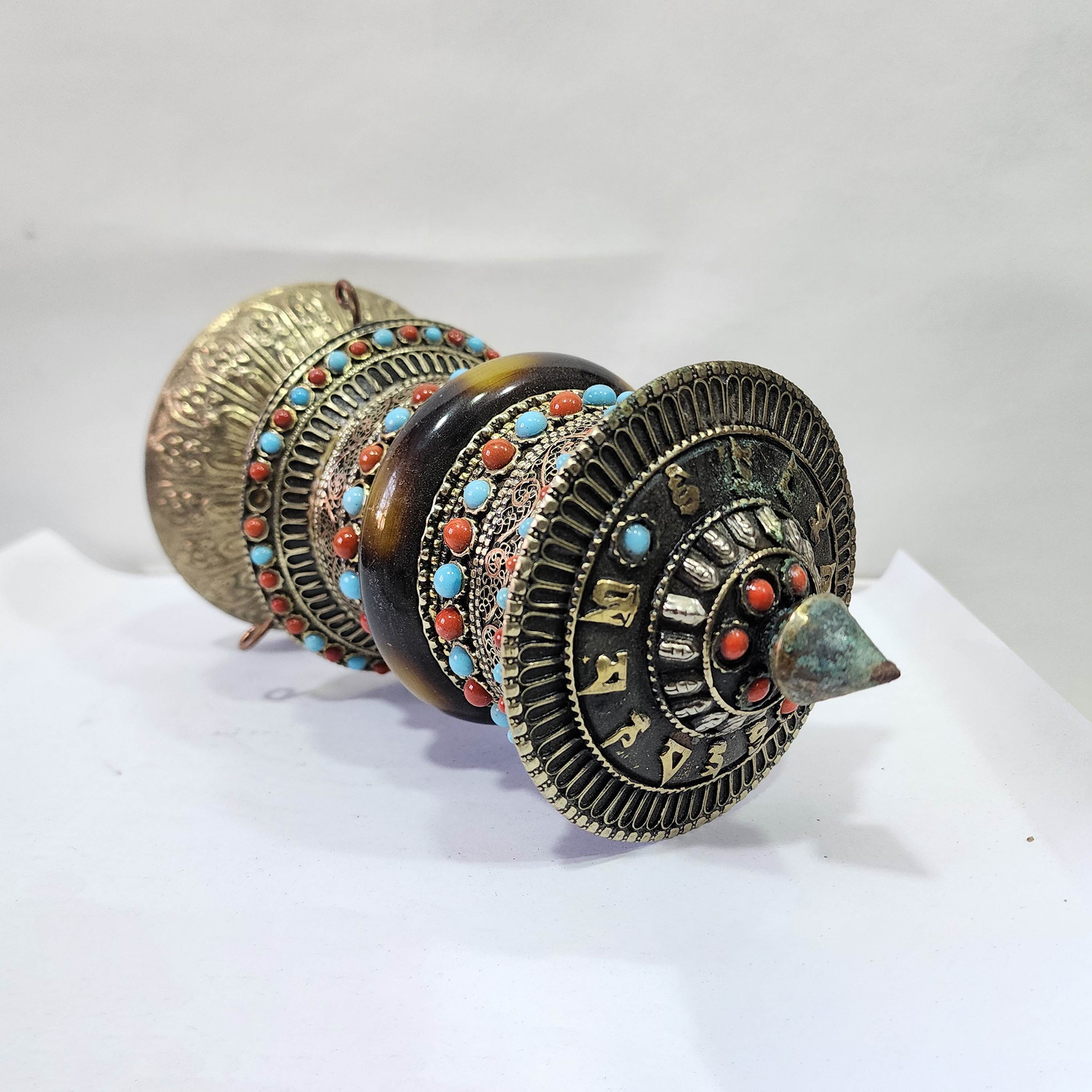 Table Prayer Wheel With Mantra Inside, with Carved Mantra, Stone Setting