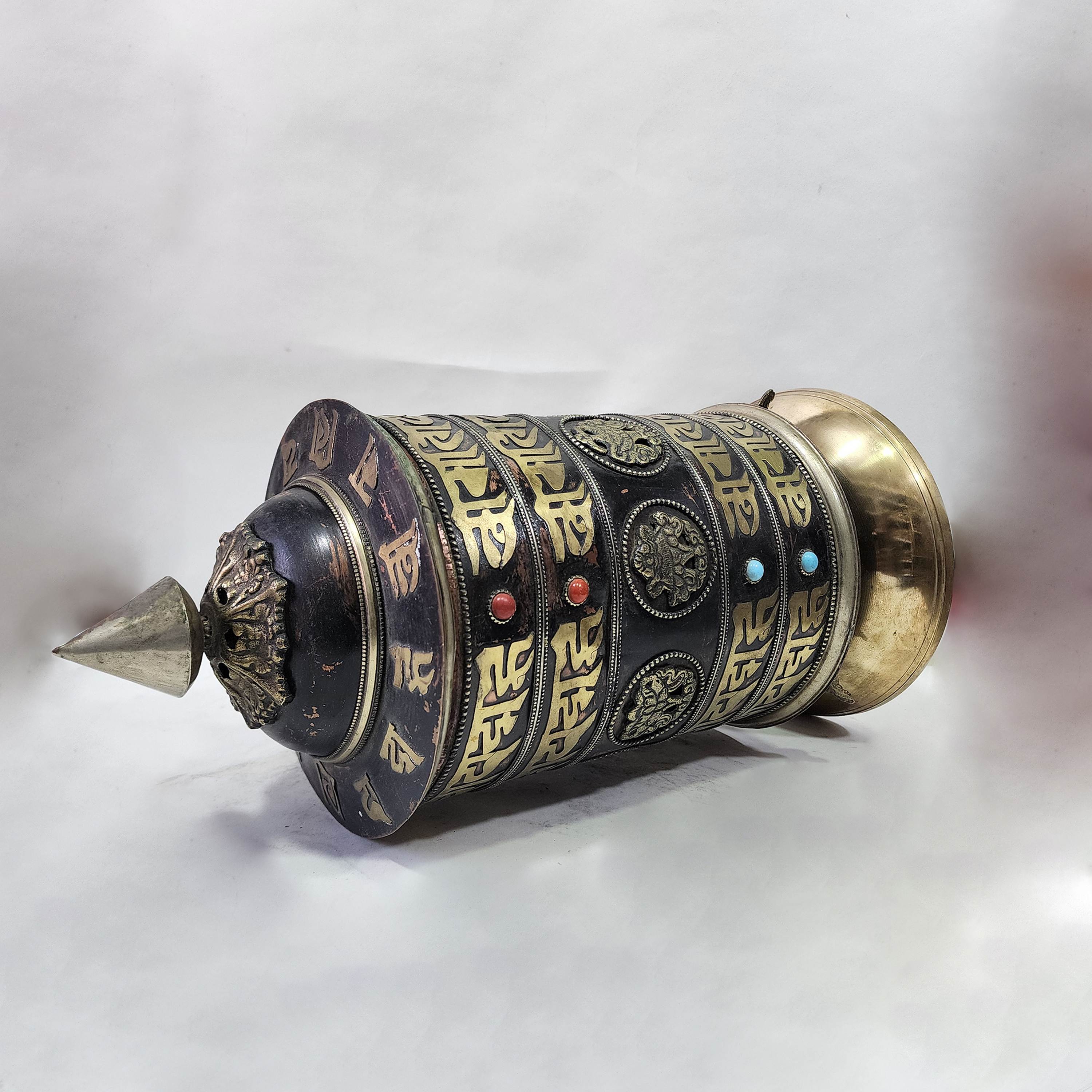 Table Prayer Wheel With Mantra Inside, with Carved Mantra, Stone Setting, Ashtamangala