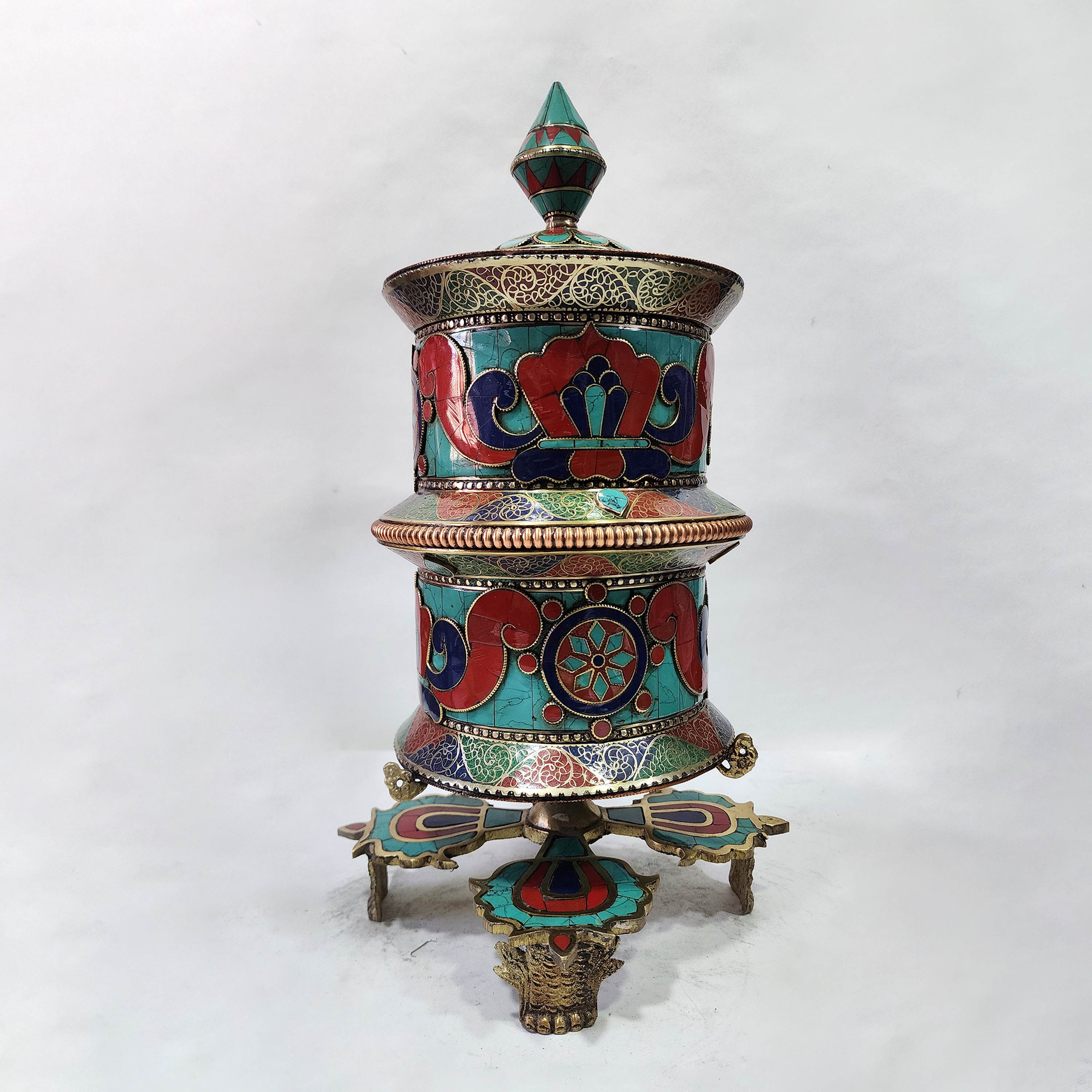 Table Prayer Wheel With Mantra Inside, with Carved Mantra, Stone Setting