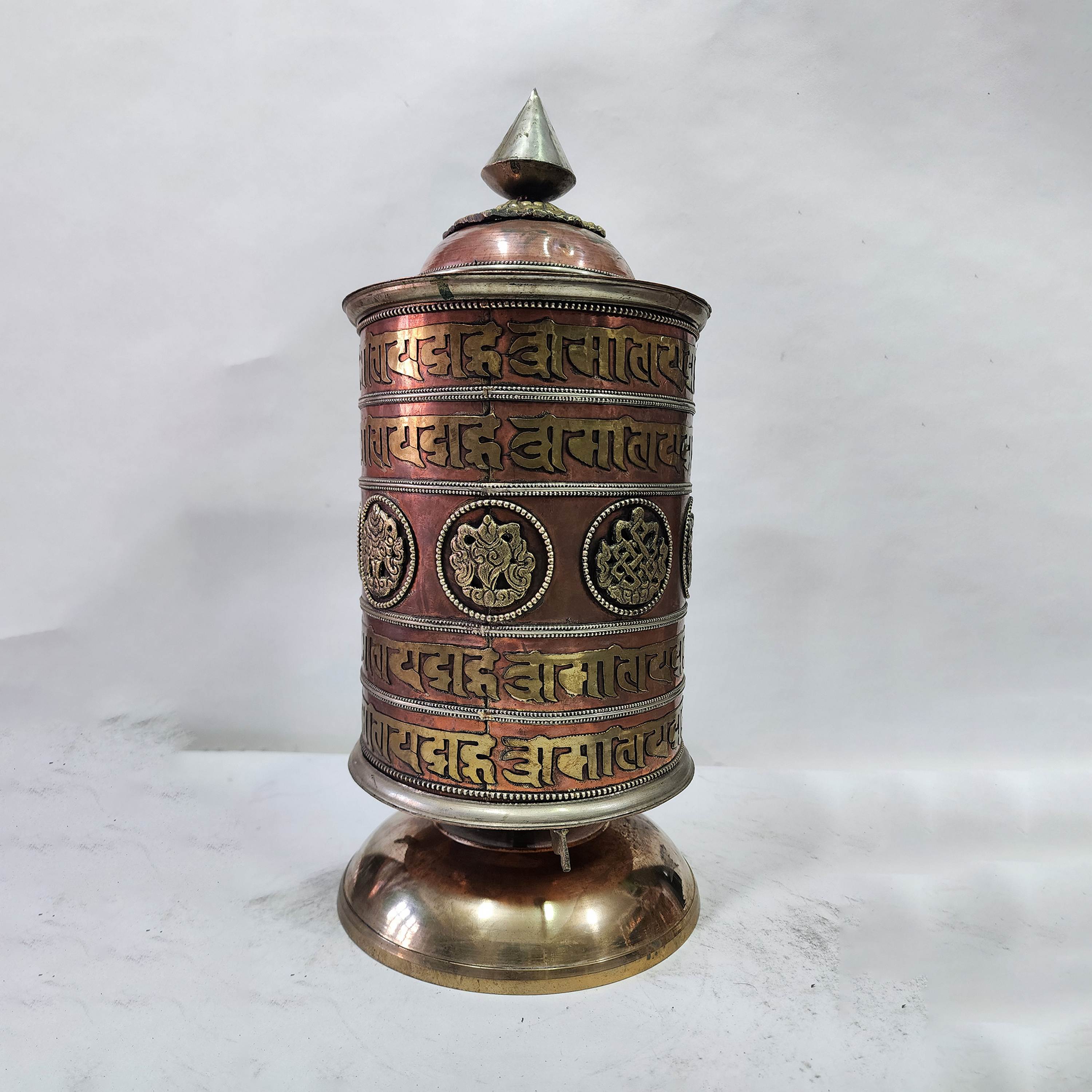 Table Prayer Wheel With Mantra Inside, with Carved Mantra, Ashtamangala