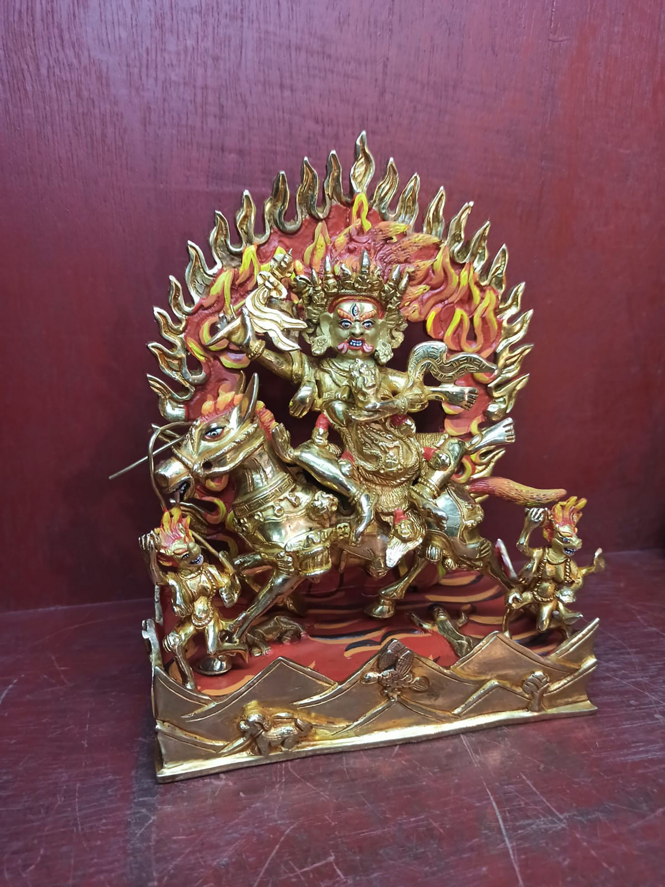 Buddhist Handmade Statue Of Palden Lahmo, full Fire Gold Plated, face Painted