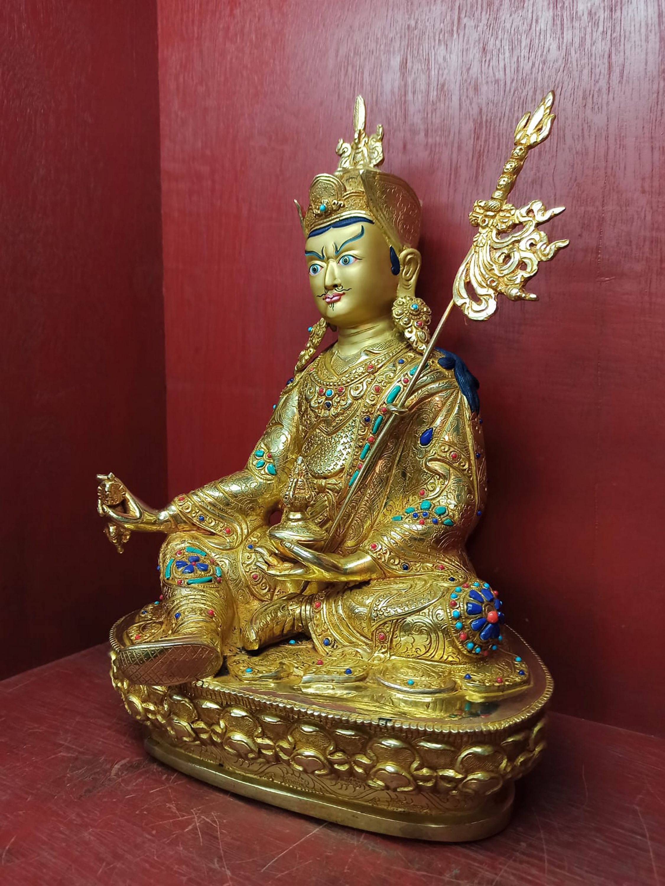 Buddhist Handmade Statue Of Padmasambhava guru Rinpoche, full Fire Gold Plated, face Painted, stone Setting