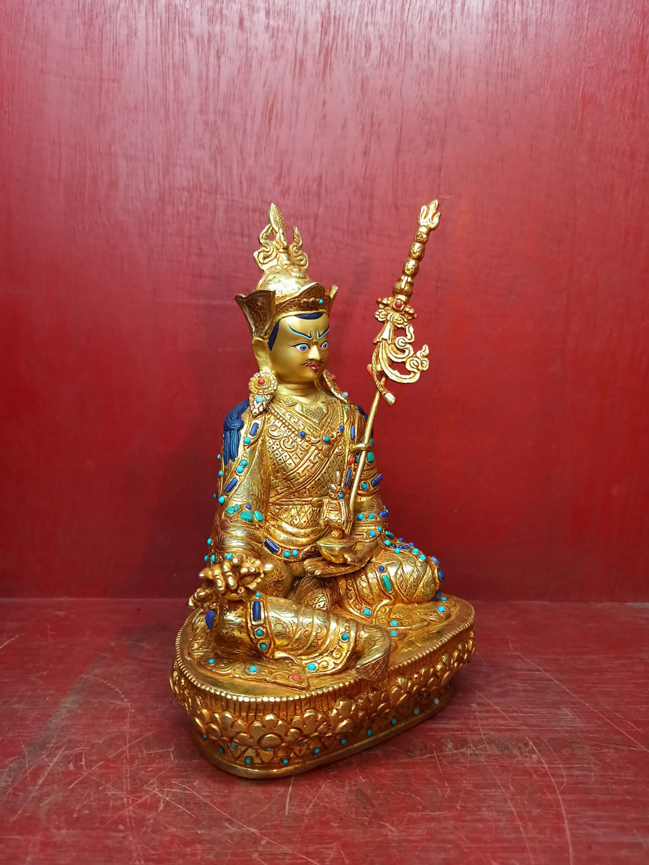 Buddhist Handmade Statue Of Padmasambhava guru Rinpoche, full Fire Gold Plated, face Painted, stone Setting