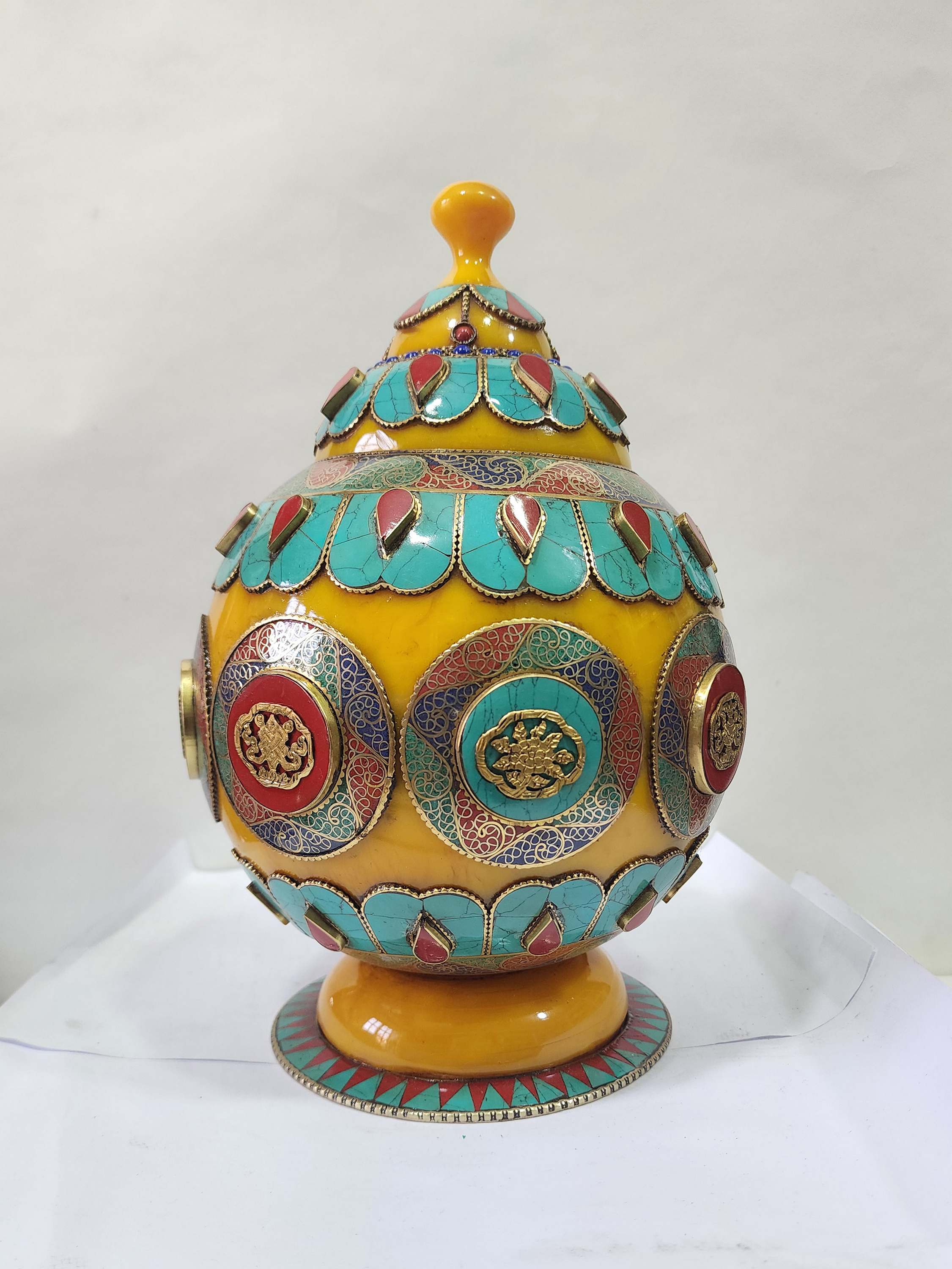 Tibetan Offering Vessel -hlyosar Stupa Box , With Stone Setting, Imitation Amber